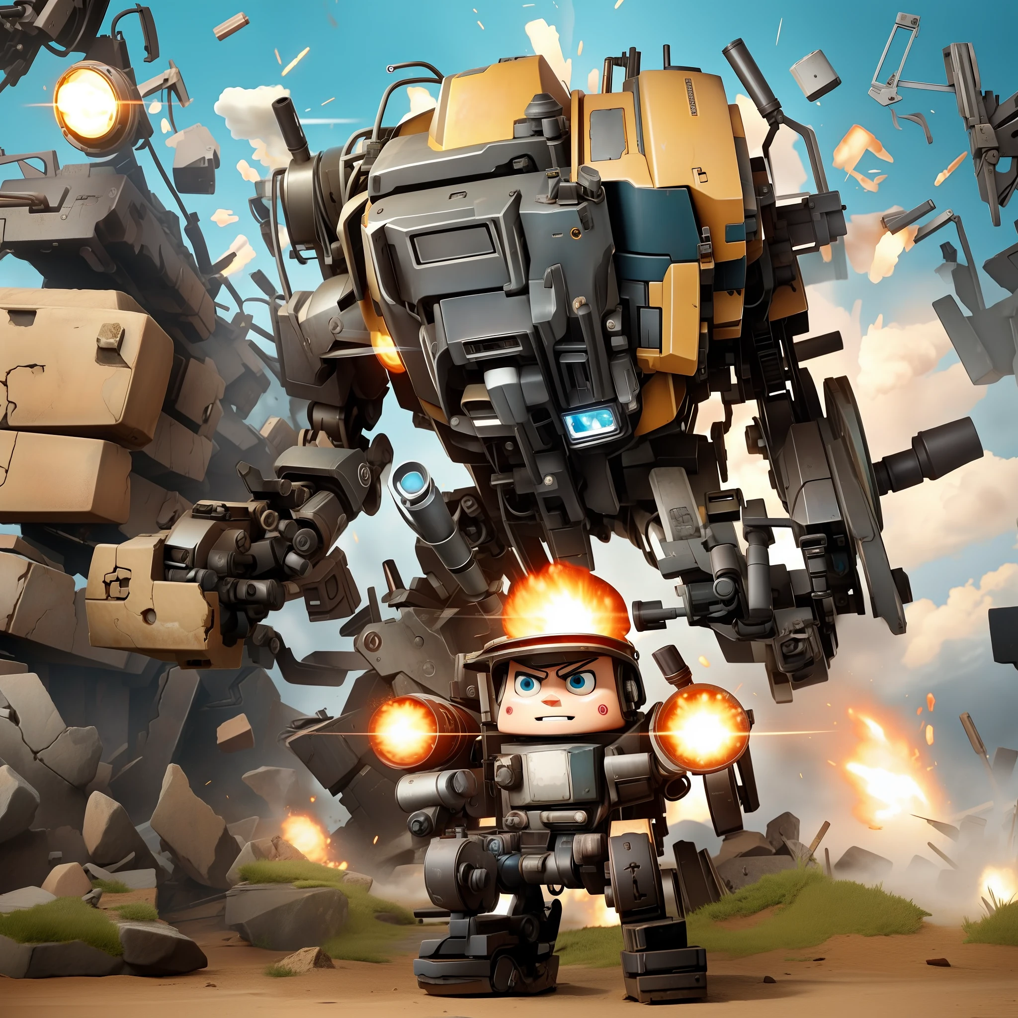 （The upper body is a humanoid robot）、（（Lower body bulldozer））、 Gatling gun in the right hand, gun,Shell casing,  The ultra -The high-definition、cyberpunked、Optical Mixing、 blitzcrank,droid,mechs, （（steampunc））、Technology、（（evangerion））、Wave cannon in the chest