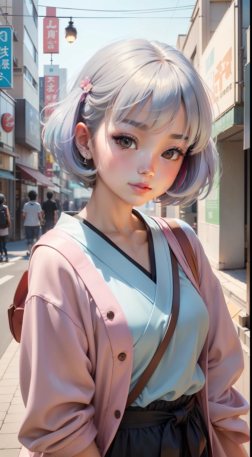 "Prompts for creating character illustrations: 1. Characters must be facing the front。There is one character。Prevent characters from being displayed off-screen。 2. The face is centered on the screen、stand out。Very cute。lips are plump and thick。3. In 1980, he created a city-pop style painting that was popular in Japan.、Draw a bright pastel background、It incorporates retro elements。 4. Character costumes must be colorful and unique.、The hairstyle should be a short-cut with silver hair。 According to these instructions、Please give me an illustration of a character that stands out in the style of city pop。