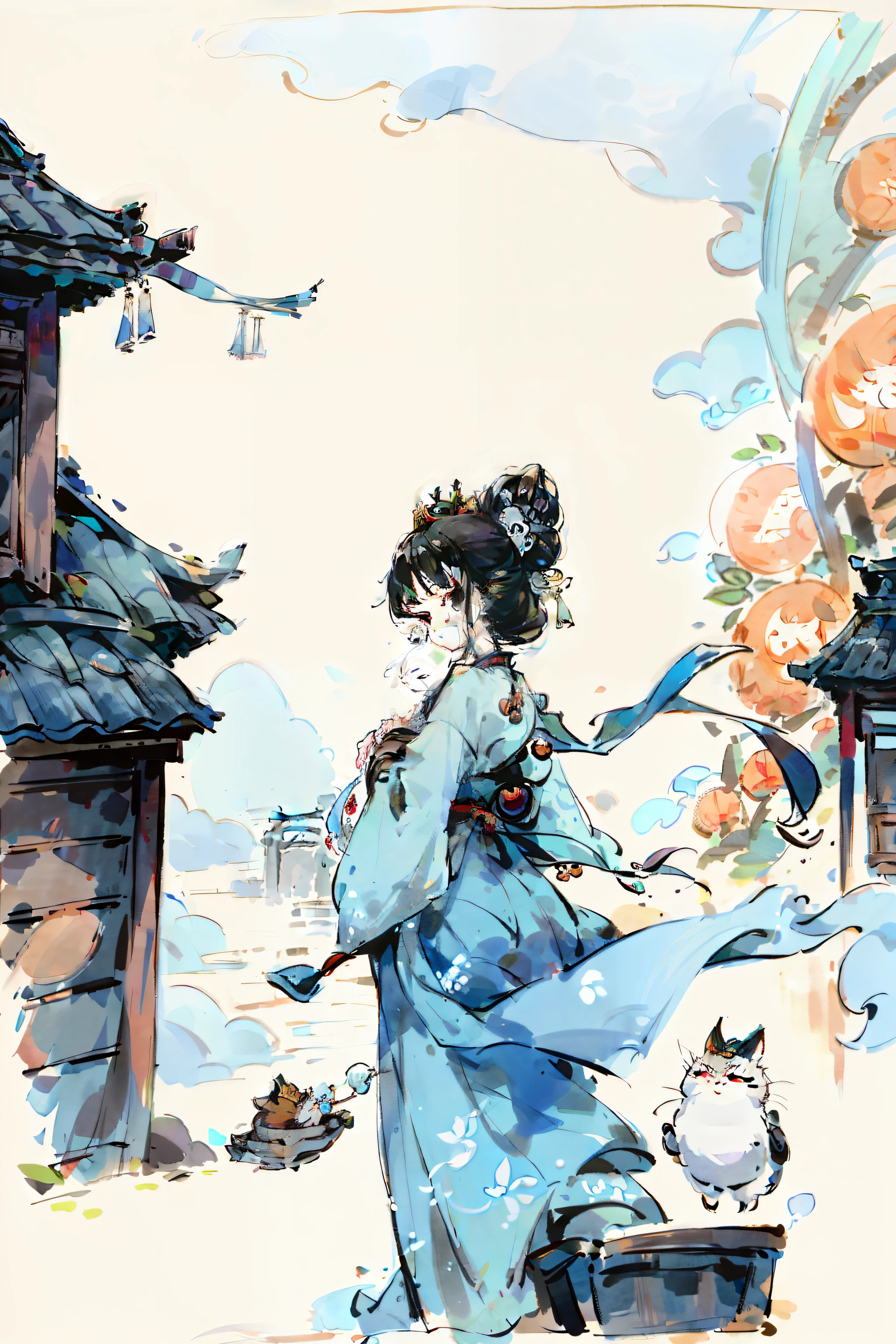 Under the blue sky and white clouds,The ancient street is lined with tea houses,pub,pawnshop,workshop,There are also many small stalls in the open spaces on both sides of the street,Holding a large umbrella。 There are often pedestrians on the street,Some people are in a hurry,There are wooden hovervans for delivery,Someone stands on the bridge and stops to enjoy the view,There is a small wooden boat in the stream under the bridge,Three children carrying lanterns in a small wooden boat,There is a tea house next door、Liquor stores、butcher shop、Temple,(Super delicate laughing woman with black hair in a Taoist robe holding a fortune-telling flag in her right hand,The woman wears a vine bracelet and Buddha beads on her left hand,approximately 20 years old,Chase a tanuki cat in front,The tanuki cat has a cute little sparrow on its head,On the left, A man with a super delicate immortal cultivator with a scythe on his shoulder followed,A jug of wine hangs from the sickle,The word wine is written on the jug,High quality photos)