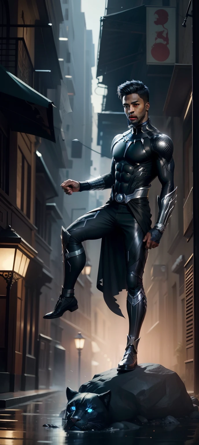 Background change, cartoon handsome boy with black Panther,face realistic,8k,