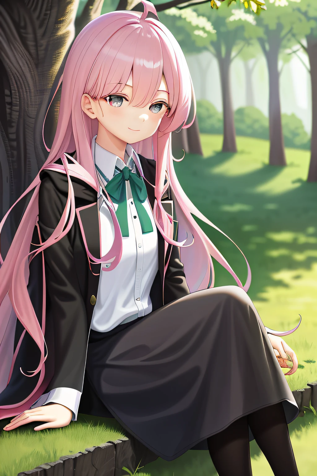 masterpiece, best quality, highres, 1girl hoki pink hair, green neck ribbon collared shirt white shirt black skirt pink and black robe wide sleeves black pantyhose forest, tree, outdoors, smile, sitting