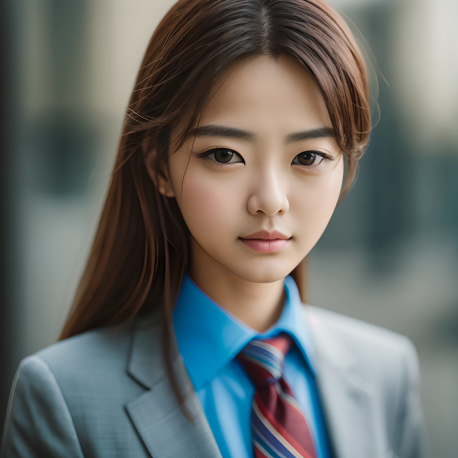 Man standing 25 years in suit and tie、Body and head straight in the photo、DSRL、Facing the viewer of the photo、The eye fixed on the lens is、Shoulders and head shown in the photo、Man in the center of the photo、8k、top-quality、masterpiece、Realistic and realistic photos、Movie Photos、A hyper-realistic、1人、detaileds、Perfect litthing、 DSRL、professional photograpy、4k