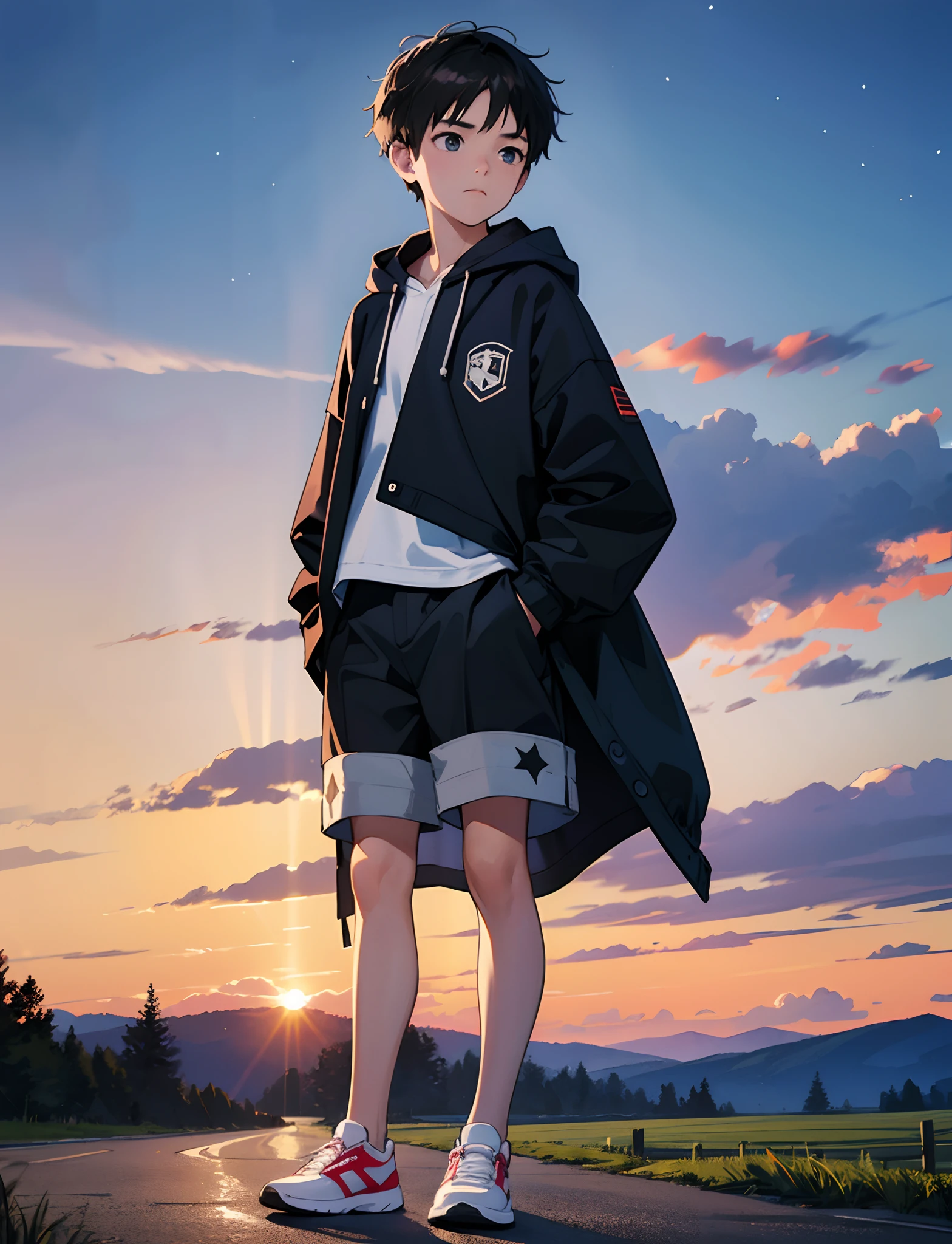 A young boy with，dressed in casual attire，Wear sneakers，Walk on country roads，the night，Looking at the stars in the sky，Close-up of people，Ultra-high definition