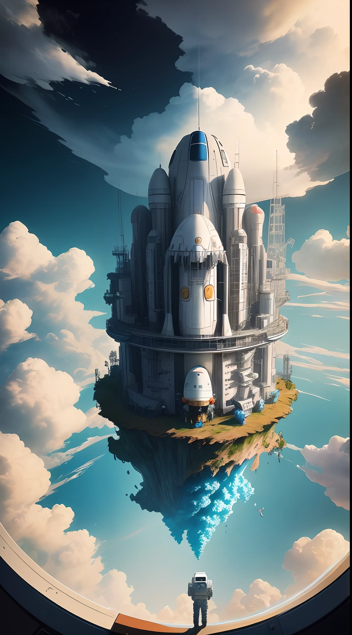 A Astronaut, The office was filled with clouds, reading on top of clouds, surrounded by many colorful clouds with little monsters in them, huge world view, big scene, cinematic, stunning, 16k, Ultra HD, very detailed, concept art, blue and white porcelain,