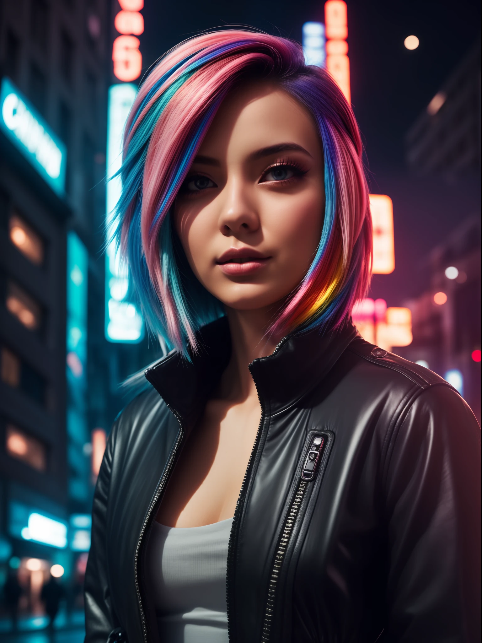 1girl,Creative hair,Rainbow Hair,City streets,fisheye,neon cold lighting, cyberpunk, blush, Waist Shot,Detailed face details,dynamic pose, rim lights,
