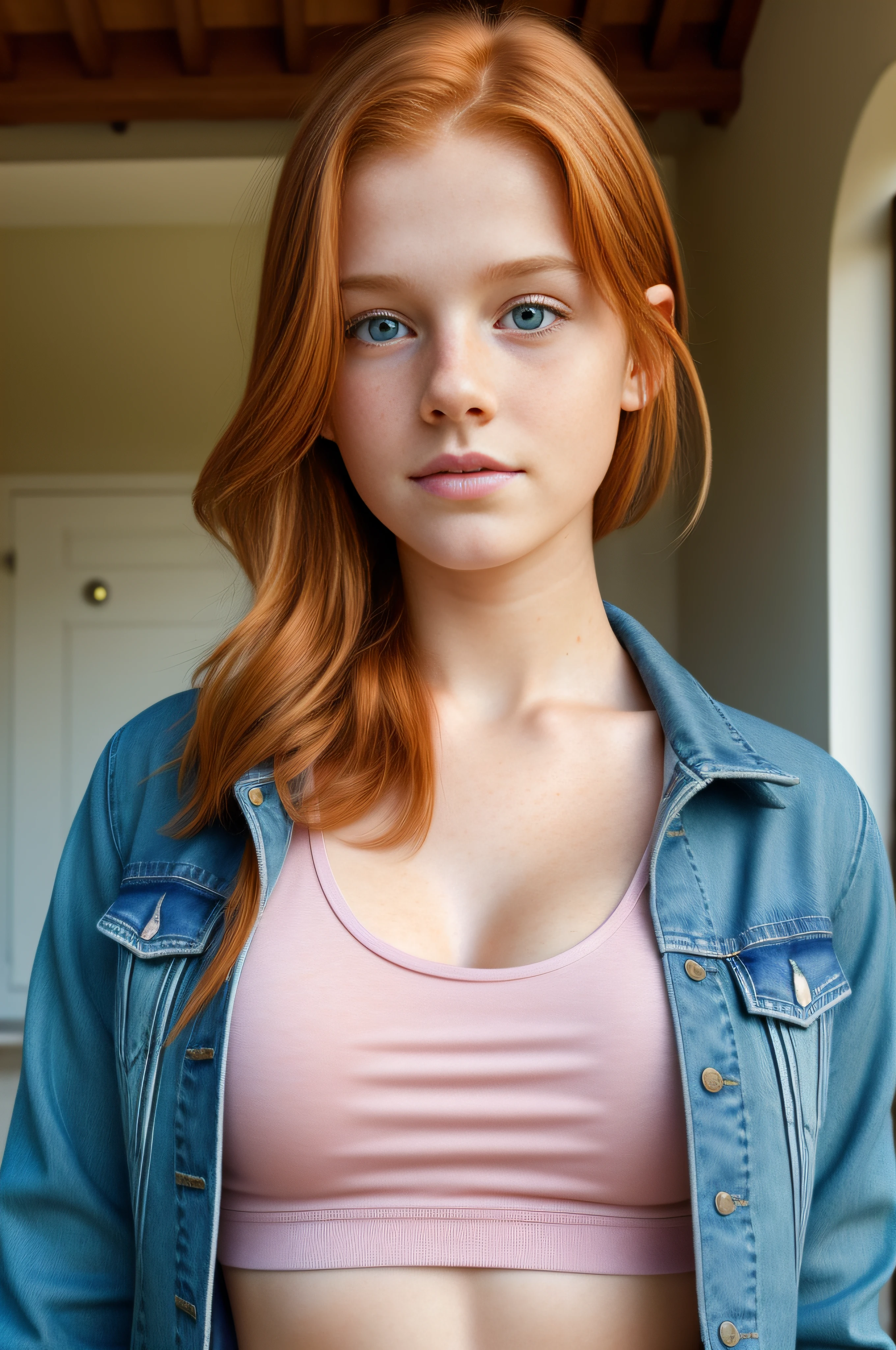 ultra realistic image, a ginger ager, cute face, green eyes, with a little freckles, doing yoga, a top, jeans jacket, focus on his groint.