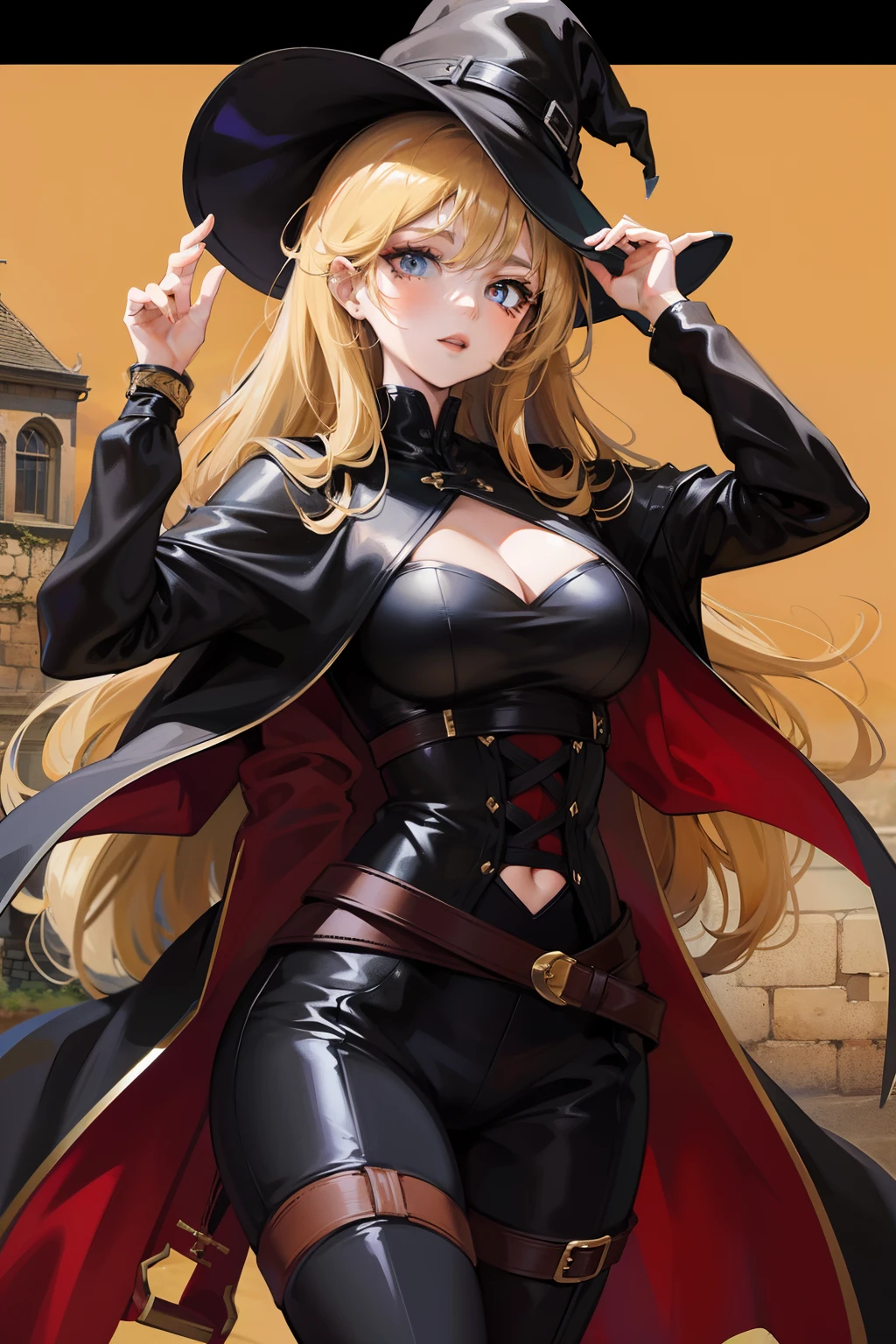 anime woman, dressed like a witch, dressed in black leather, in an ancient castle