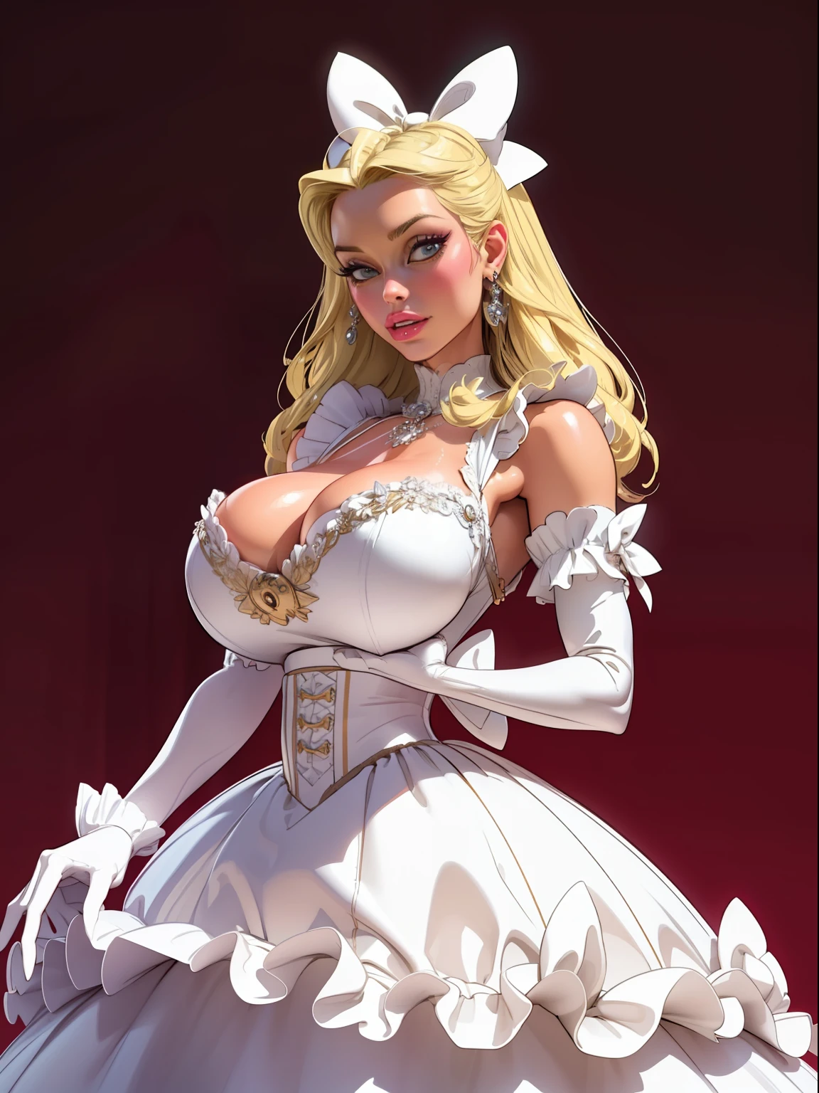 John Tenniel art, frustrated Greer Grammer wearing a stately and elaborate Cinderella ballgown of white satin and tulle adorned with large satin poufs, (((huge ribbon bows))), rosebuds, embroidery and jewels, (gigantic breasts:1.3) with (((enormous puffed sleeves))), an hourglass waist, and a (((voluminous crinoline hoopskirt))), (((bustle))), long white gloves, pearl and diamond necklace and earrings, elaborately curled and styled hair