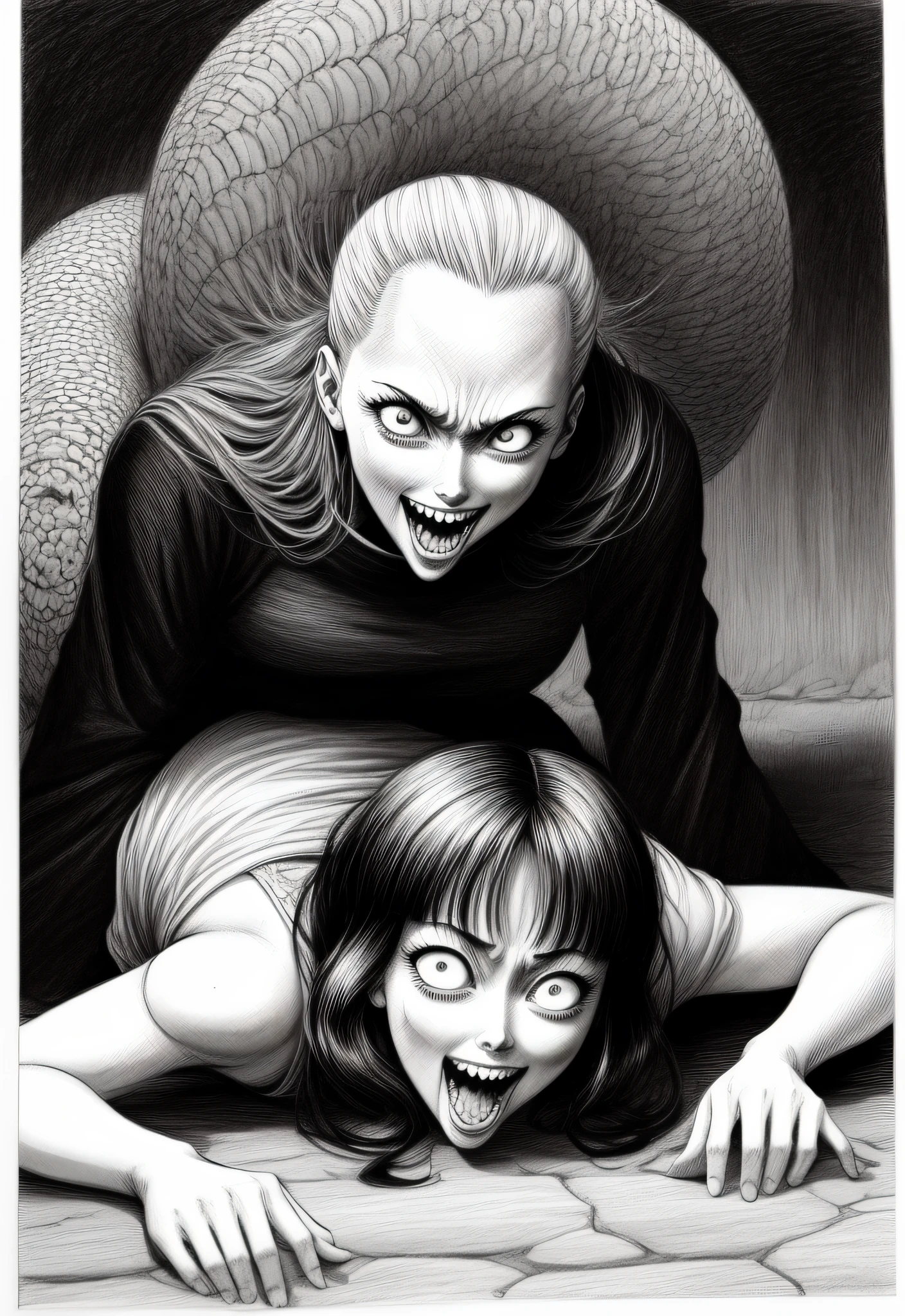 a black and white drawing of a monster eating a woman on the ground, junji ito artwork, in style of junji ito, art style of junji ito, junji ito style, horror manga, yoshitaka amano and junji ito, junji ito and greg rutkowski, junji ito undertones, inspired by Junji Ito