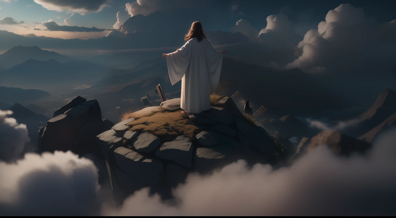 Jesus rising from heaven, com anjos ao seu lado, ele aparece entre as nuvens, a crowd awaiting his descent,Lots of people are standing awaiting their descent. segunda vinda de cristo, imagem unreal engine 5. ambiente apocalipse, nuvens nebulosas nevoeiro, rostos perfeito, imagem perfeita. imagem realista como descreito no apocalipse a volta de jesus.