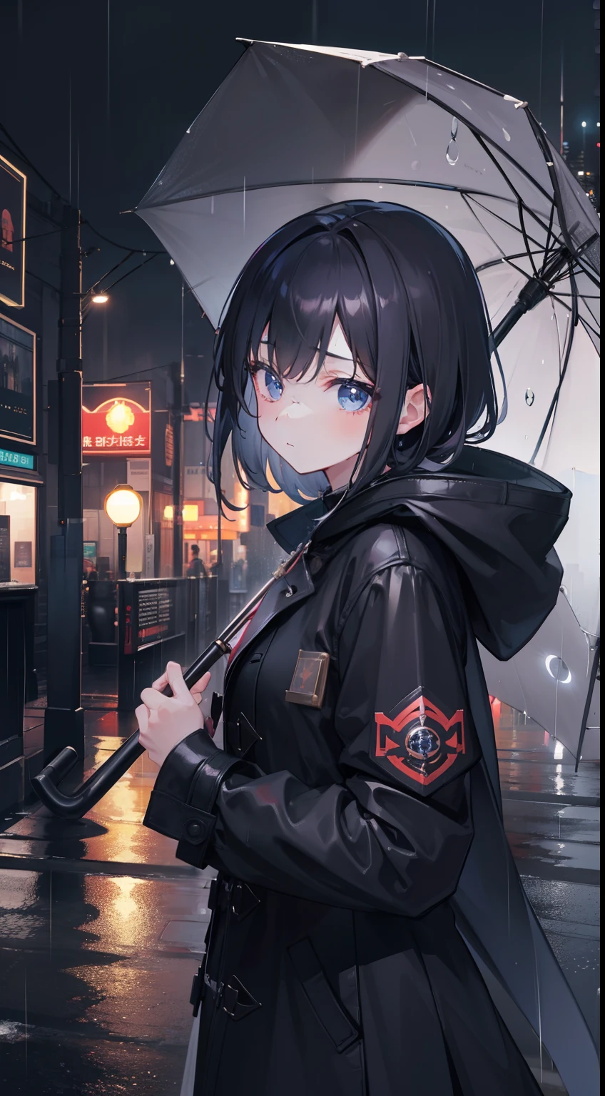 {{masterpiece, 8k, extremely CG 8k unreal, best-quality, wallpaper}} 1girl, night city, rain, Coat, transparant umbrella, behind camera, close up, sad