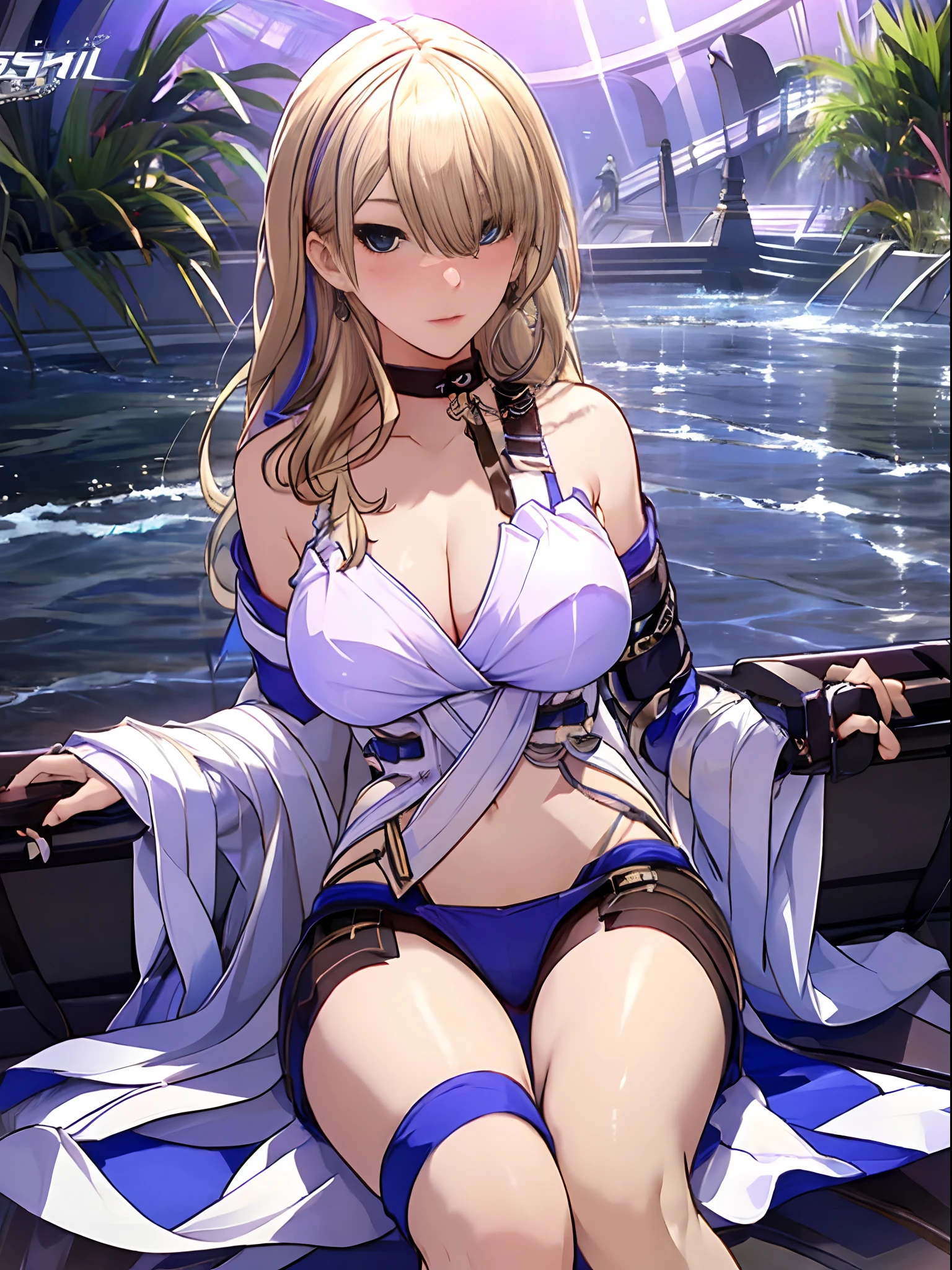 (Enrich the picture,Masterpiece level quality)Beautiful 8K CG artwork,Goddess-like posture,sittinng on the river,Postural exercises,Slim and soft,Translucent skin,Blonde hair、The beauty of extra-long hair, Super Long Straight Hair,The skin is fair and juicy,Big breasts underwear uniform,Perspective Part 1.2x enhanced silhouette effect,Exquisite transparent blues pattern in pajamas,The details are intricate and exquisite,The background is slightly blurred,Charming and lustful leg seduction,Drool,J cup big breasts,Blush,Japan goddess,Perfect body slim curves,Scene by the sea,