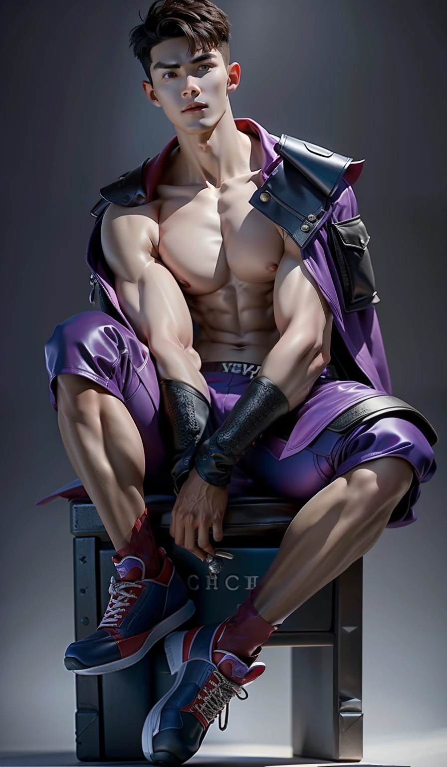 Model design，Sculpture design，Libido boy，Sit on a bear toy，Handsome，The clothes are blue and purple，red colour，musculous，Expose muscles，（Exposing the pectoral muscles）Wu Yifan