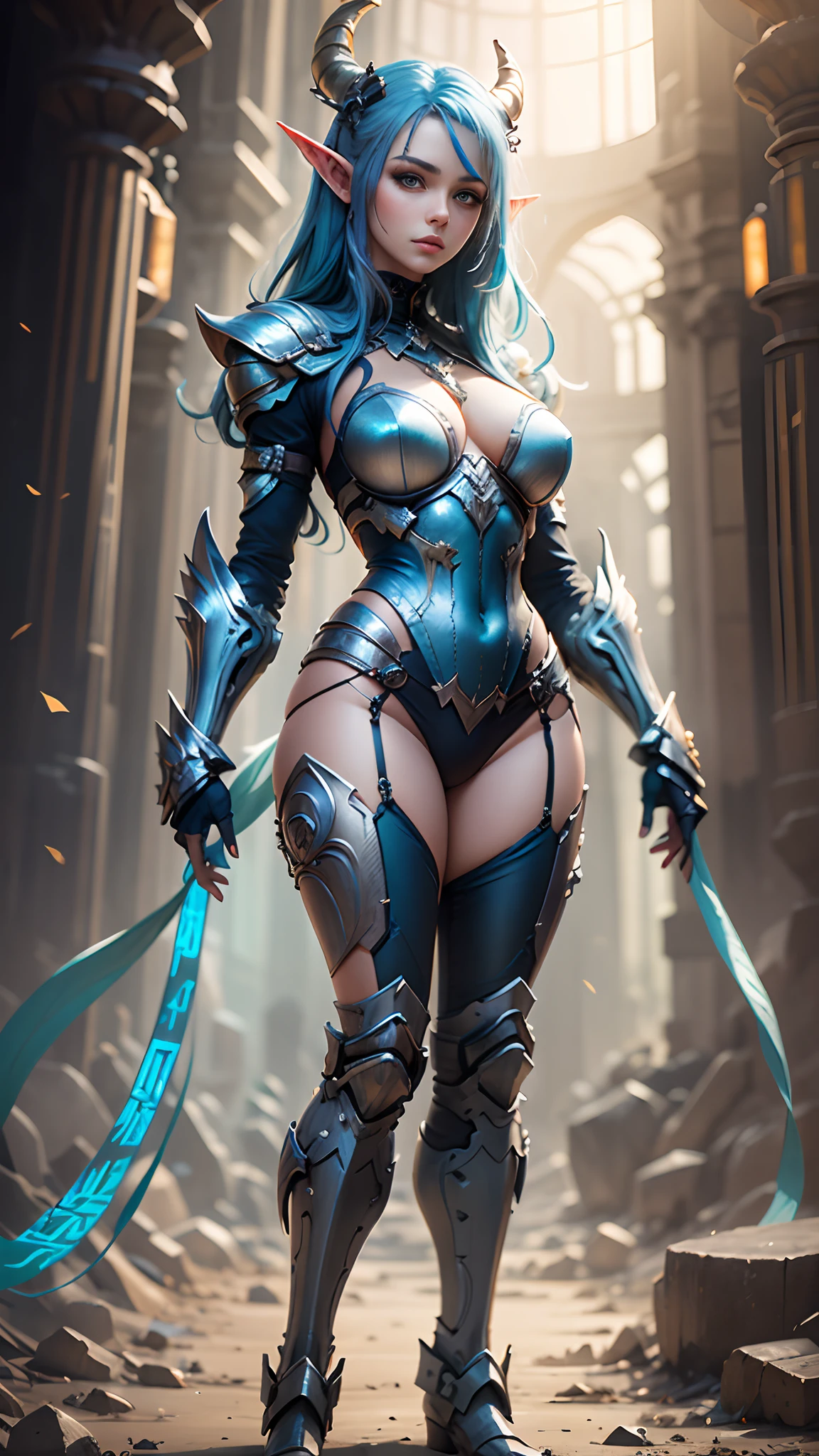 horned and blue haired arafed woman posing cyber armor, full body, elven queen, elf queen portrait, wlop art