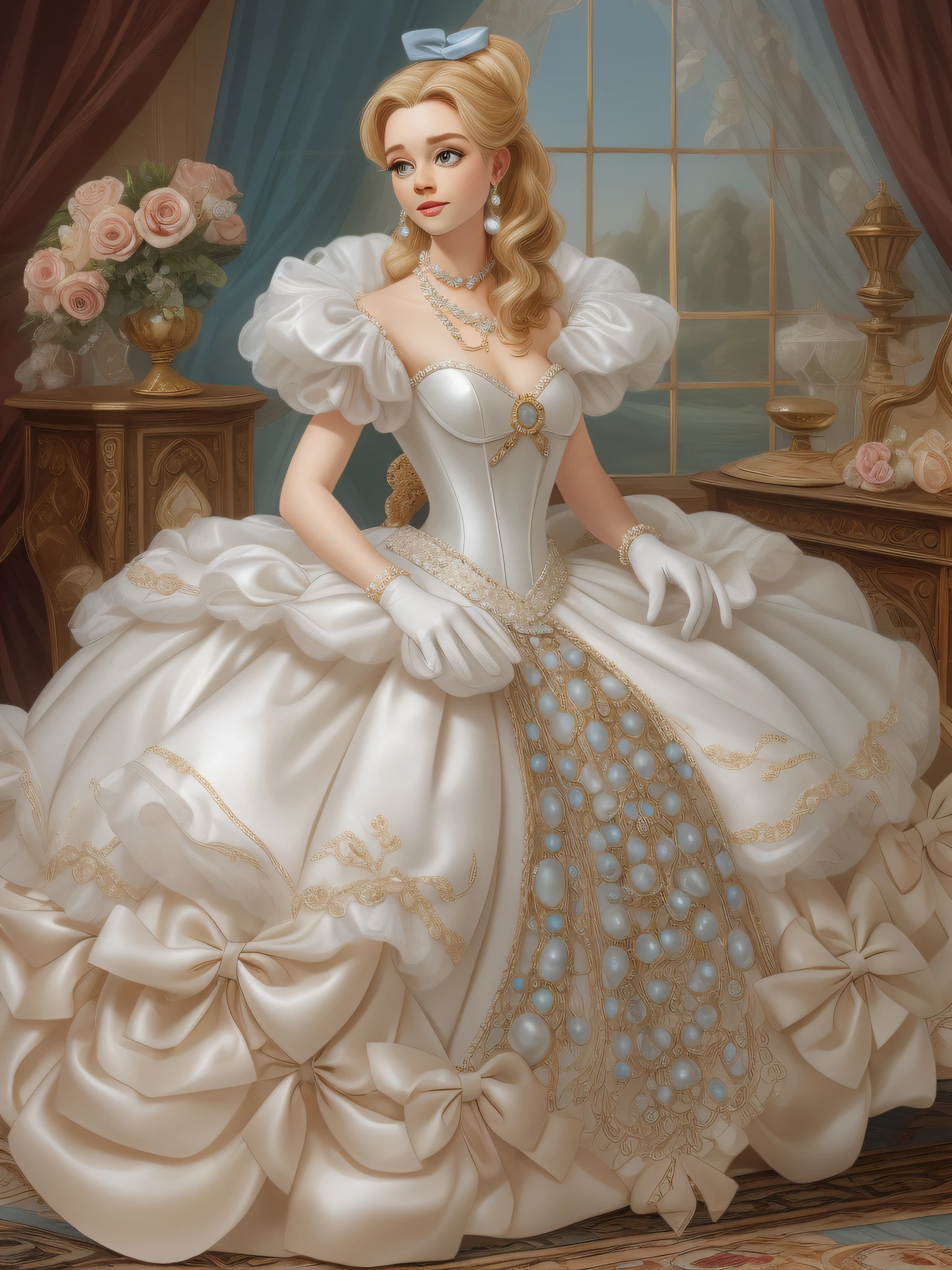 John Tenniel art, frustrated Greer Grammer wearing a stately and elaborate Cinderella ballgown of white satin and tulle adorned with large satin poufs, (((huge ribbon bows))), roses, lace, frills, flounces, embroidery and jewels, with (((enormous puffed sleeves))), an hourglass waist, and a (((voluminous crinoline hoopskirt))), (((bustle))),   long white gloves, pearl and diamond necklace and earrings, elaborately curled and styled hair