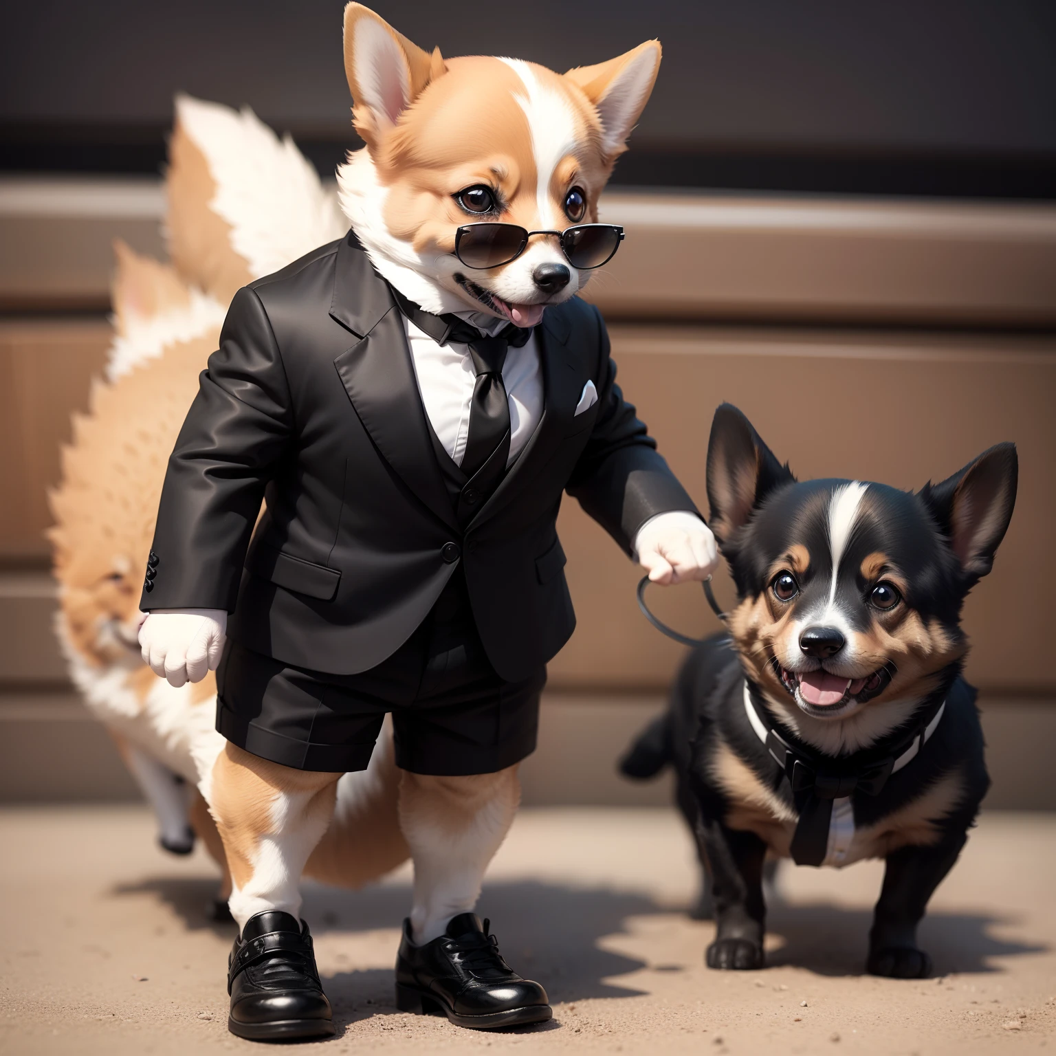 Corgi small short legs，Full body photo，With black sunglasses，Ears pricked up，Wear a black tie，Mechanical style