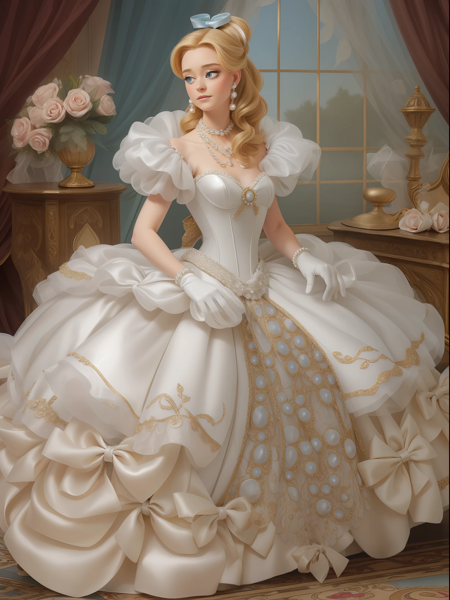 John Tenniel art, frustrated Greer Grammer wearing a stately and elaborate Cinderella ballgown of white satin and tulle adorned with large satin poufs, (((huge ribbon bows))), roses, lace, frills, flounces, embroidery and jewels, with (((enormous puffed sleeves))), an hourglass waist, and a (((voluminous crinoline hoopskirt))), (((bustle))),   long white gloves, pearl and diamond necklace and earrings, elaborately curled and styled hair