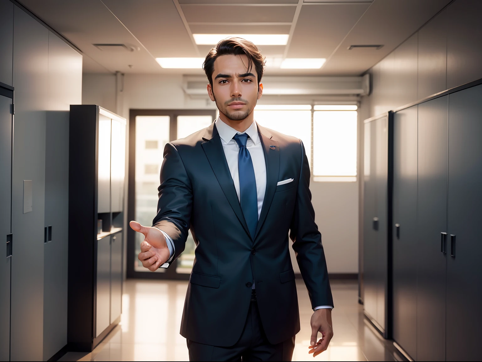 (Detailed description) (melhor qualidade) office background, A man in a suit and tie standing, with both hands outstretched in front