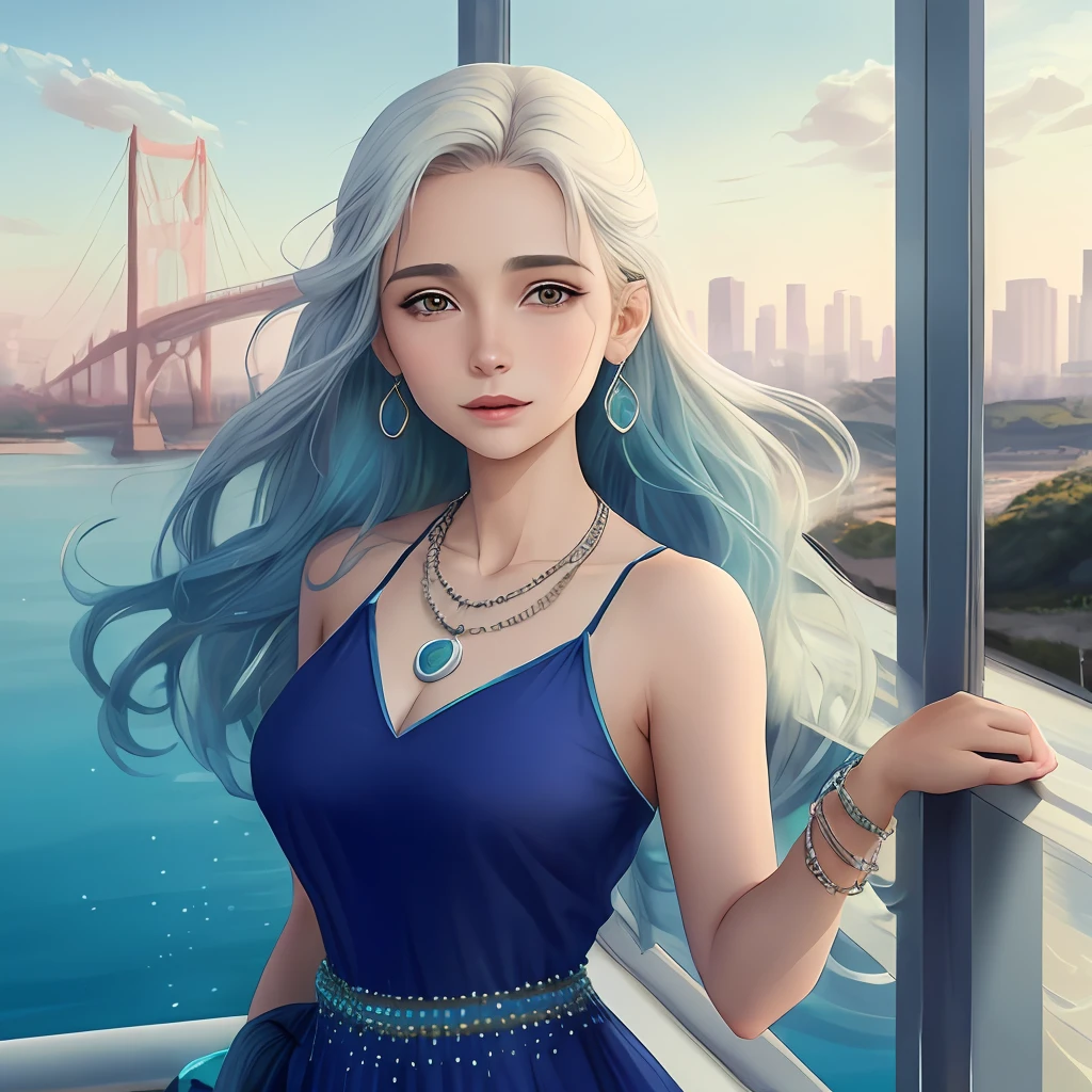 Garota de anime com 1,68 metros de altura, cabelos longos com tom suave de azul-celeste, your eyes are the same shade as your hair, Her skin is fair, usa vestidos de cores azul e branco, She also wears accessories such as a beaded bracelet and a special necklace. Her expression is serene and friendly., refletindo sua personalidade compassiva e aberta.