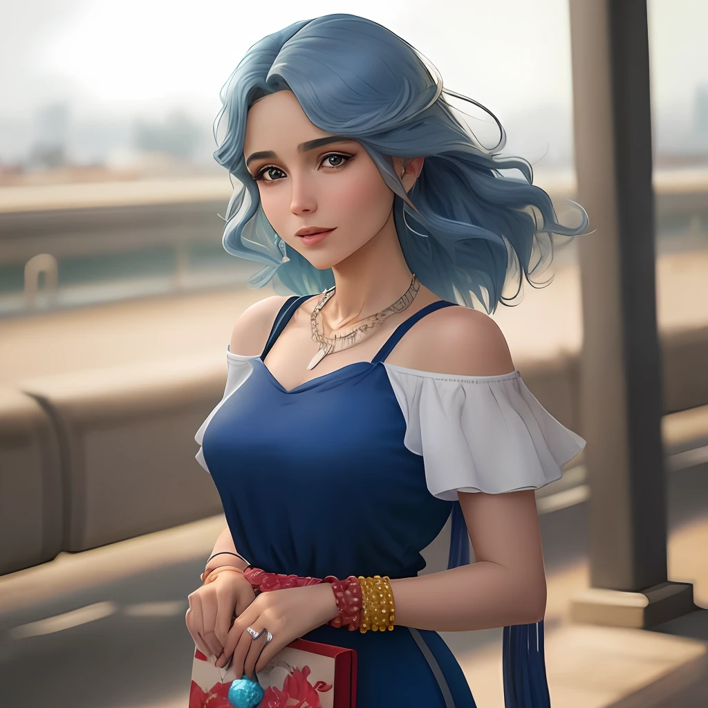 Garota de anime com 1,68 metros de altura, cabelos longos com tom suave de azul-celeste, your eyes are the same shade as your hair, Her skin is fair, usa vestidos de cores azul e branco, She also wears accessories such as a beaded bracelet and a special necklace. Her expression is serene and friendly., refletindo sua personalidade compassiva e aberta.