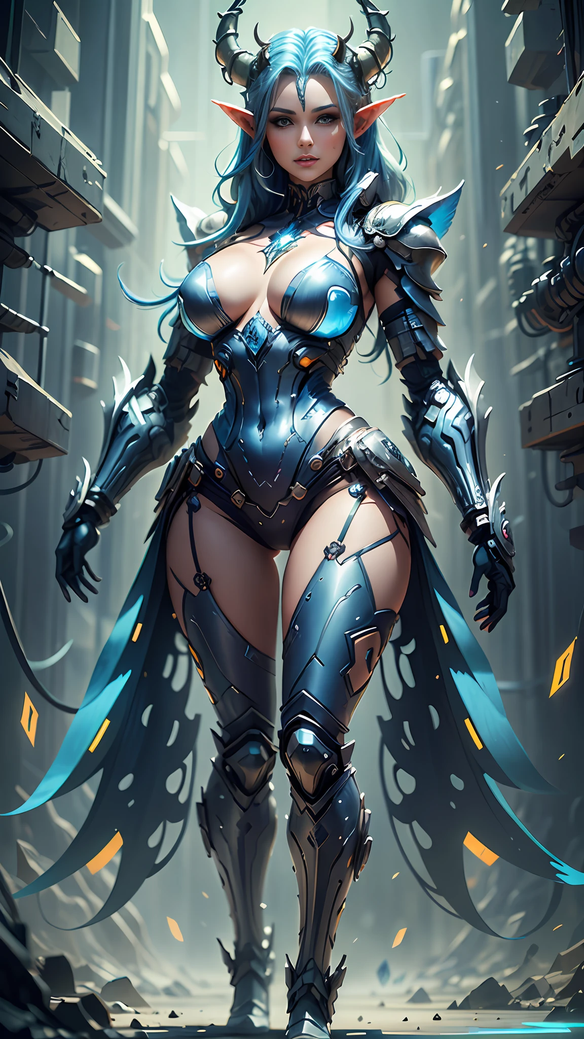 horned and blue haired arafed woman posing cyber armor, full body, elven queen, elf queen portrait, wlop art