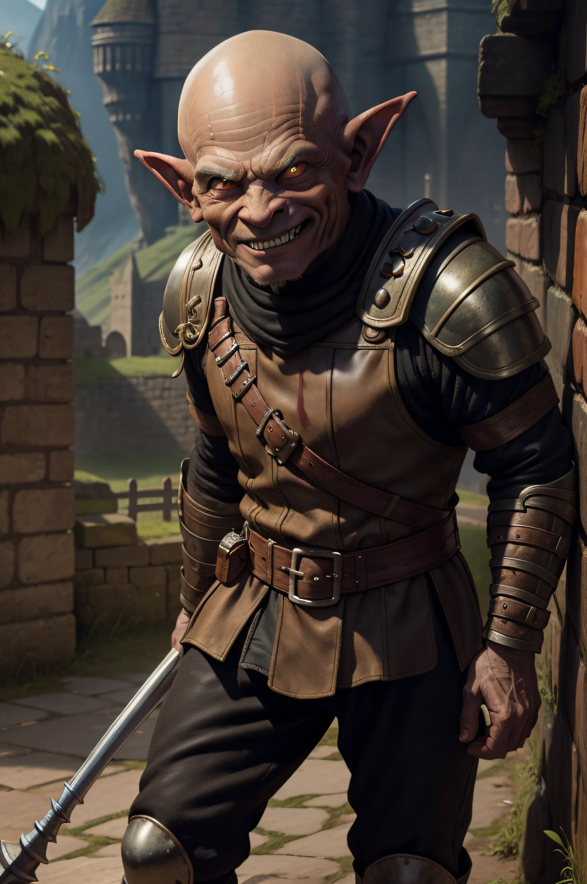 old goblin guard, small height, evil smile, no hair, human colour skin, leather armour, spear, black 80s pants, castle wall on background, high res, ultrasharp, 8K, masterpiece