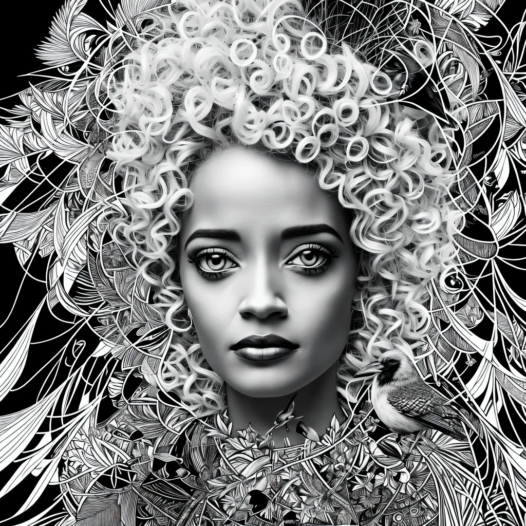 Portrait of a light black woman with blonde afro hair, black and white feshion dress, eva green style, focus on camera, centered, white bird and black crow on top, symmetrical nature details underneath, no fuse, cinematic lights, render octonage, fantastic and vibrant, 8k hd resolution