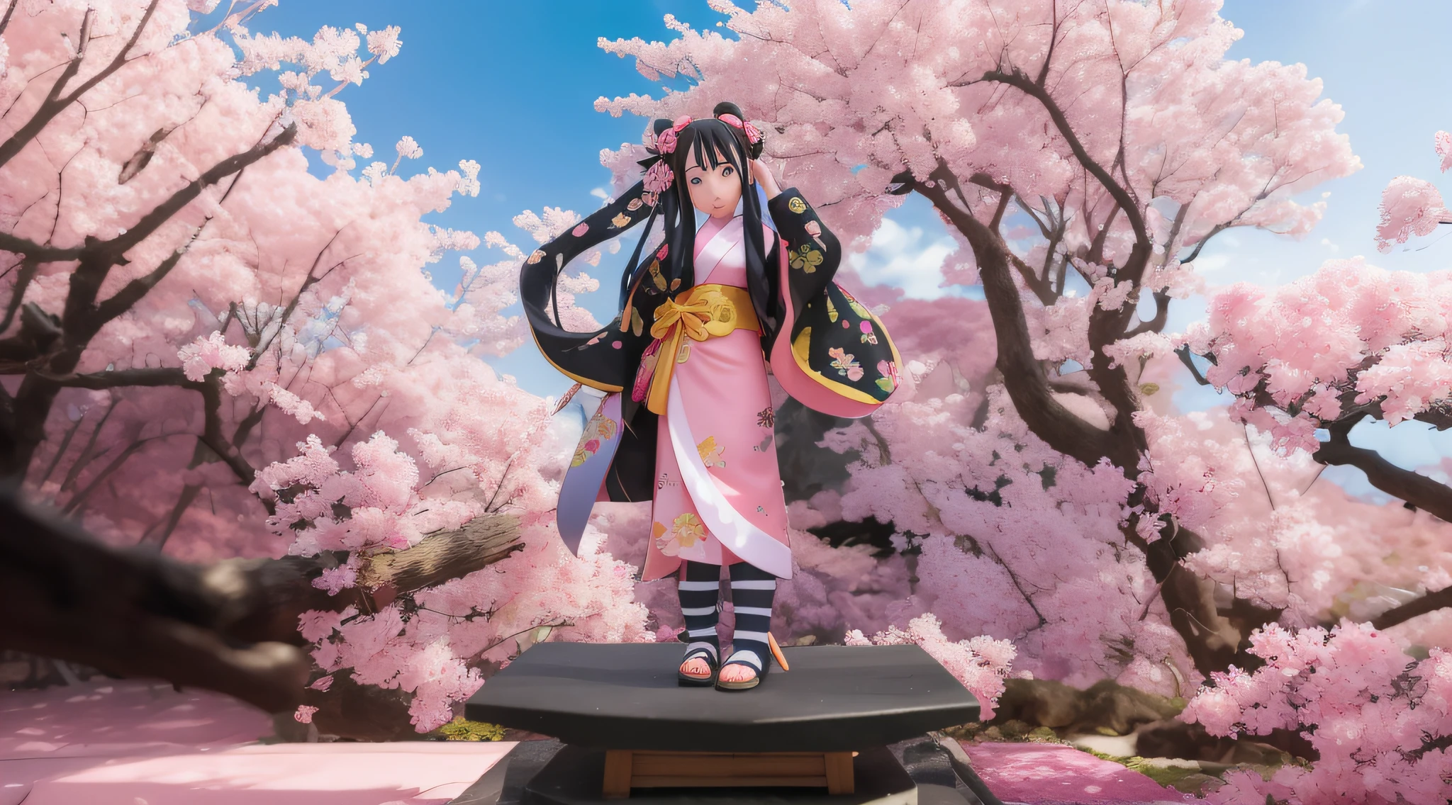 anime figurine of a woman in a kimono outfit standing on a platform, nezuko, nezuko-chan, pop up parade figure, sakura haruno in slug sage mode, haruno sakura, anime figurine, anime figure, rin, sakura haruno, ehime, sakura, demon slayer artstyle, kimetsu no yaiba, official artwork