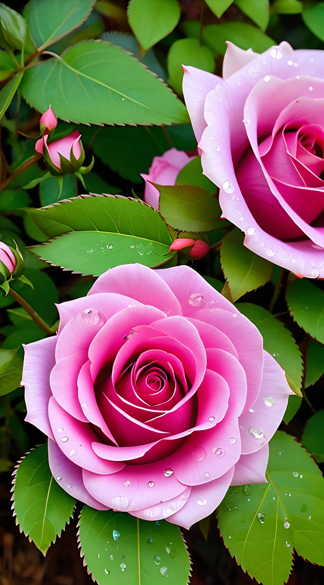 Beautiful full rose flower plant,dew drops on the leaves of plant and the grass below it, low angle view,fantasy, ultra hd