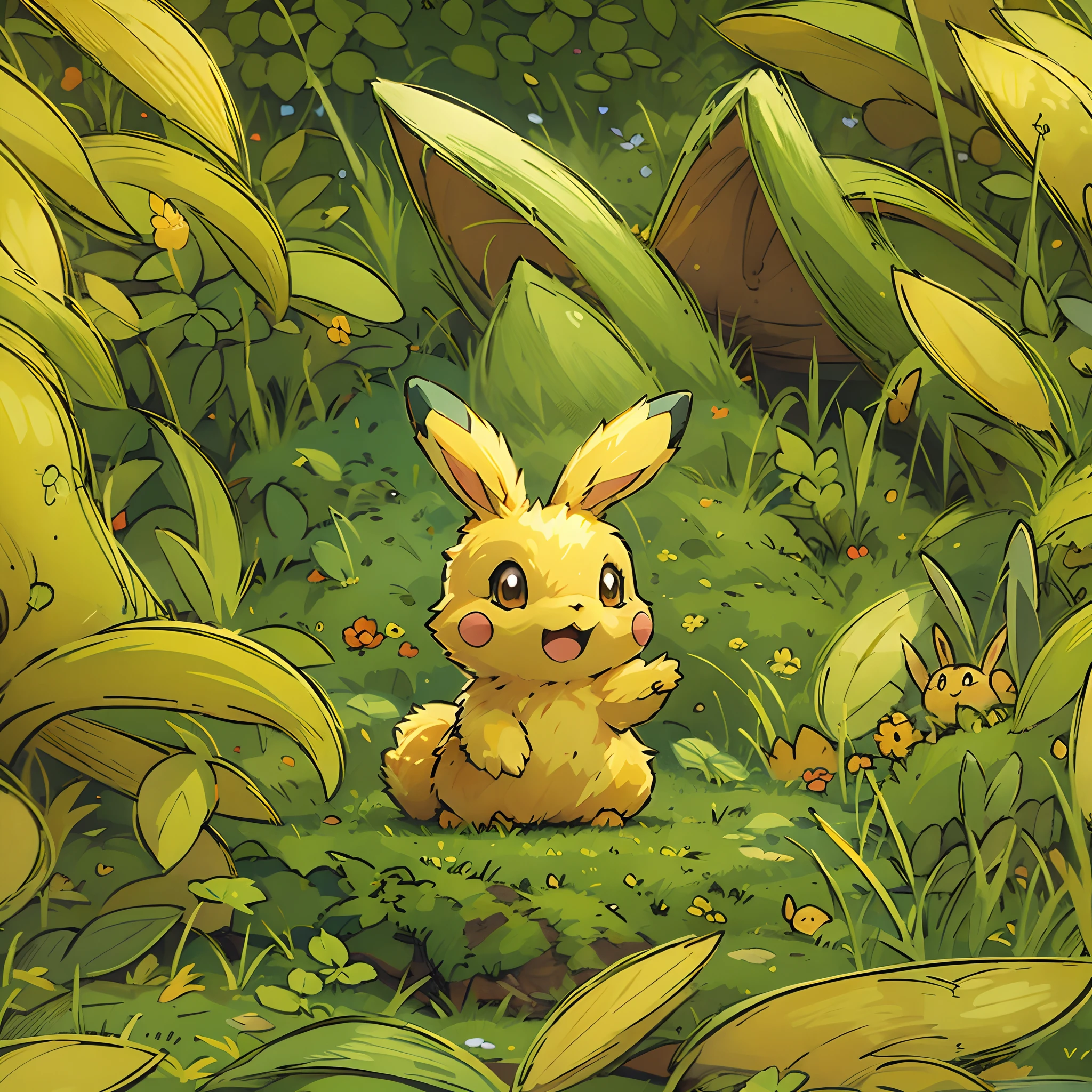 sugimori ken \(style\), electric pokemon, rabbit, yellow body, (masterpiece), high quality, best quality, high-definition, ultra-detailed, outdoors, grass