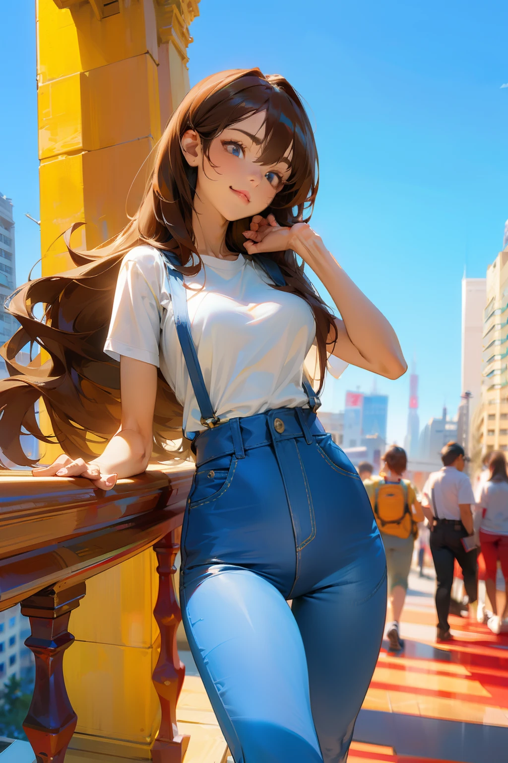 (Daytime, Excellent, 8K, Masterpiece:1.3)), Full body, Long legs, Focal length: 1.2, Perfect Body Beauty: 1.4, Slim Abs: 1.1, ((Dark Brown Hair, Big Breasts: 1.2 )), (White Skinny T-shirt, Denim Suspenders, Standing: 1.2), ((City, Blue Sky and White Clouds: 1.3)), Highly detailed face and skin texture, Detailed eyes, Double eyelids, Flying long hair
