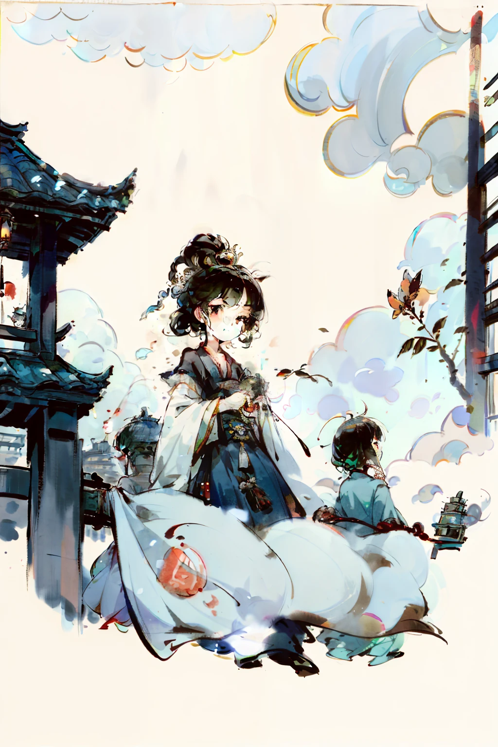 Under the blue sky and white clouds,The ancient street is lined with tea houses,pub,pawnshop,workshop,There are also many small stalls in the open spaces on both sides of the street,Holding a large umbrella。 There are often pedestrians on the street,Some people are in a hurry,There are wooden hovervans for delivery,Someone stands on the bridge and stops to enjoy the view,There is a small wooden boat in the stream under the bridge,Three children carrying lanterns in a small wooden boat,There is a tea house next door、Liquor stores、Foot bunk、butcher shop、Temple、Public palace,(The black-haired super delicate laughing woman in a Taoist robe holds a fortune-telling flag in her right hand,The woman wears a vine bracelet and Buddha beads on her left hand,approximately 20 years old,Chase a tanuki in front,Super cute little sparrow on the head of a tanuki,On the left, A man with a super delicate immortal cultivator with a scythe on his shoulder followed him,A jug of wine hangs from the sickle,The word wine is written on the jug,Ultra-high quality photos)