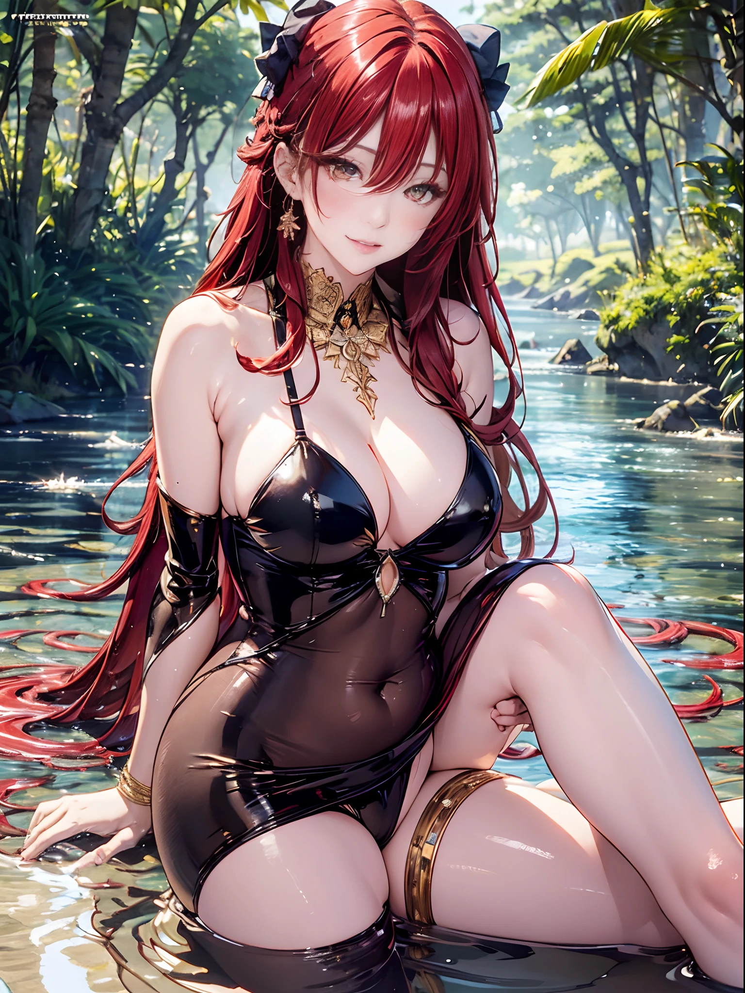 (Enrich the picture,Masterpiece level quality)Beautiful 8K CG artwork,Goddess-like posture,sittinng on the river,Postural exercises,Slim and soft,Translucent skin,Red hair、The beauty of extra-long hair, Super Long Straight Hair,The skin is fair and juicy,Big breasts underwear uniform,Perspective Part 1.2x enhanced silhouette effect,Exquisite transparent blues pattern in pajamas,The details are intricate and exquisite,The background is slightly blurred,Charming and lustful leg seduction,Drool,J cup big breasts,Blush,Japan goddess,Perfect body slim curves,Scene by the sea,