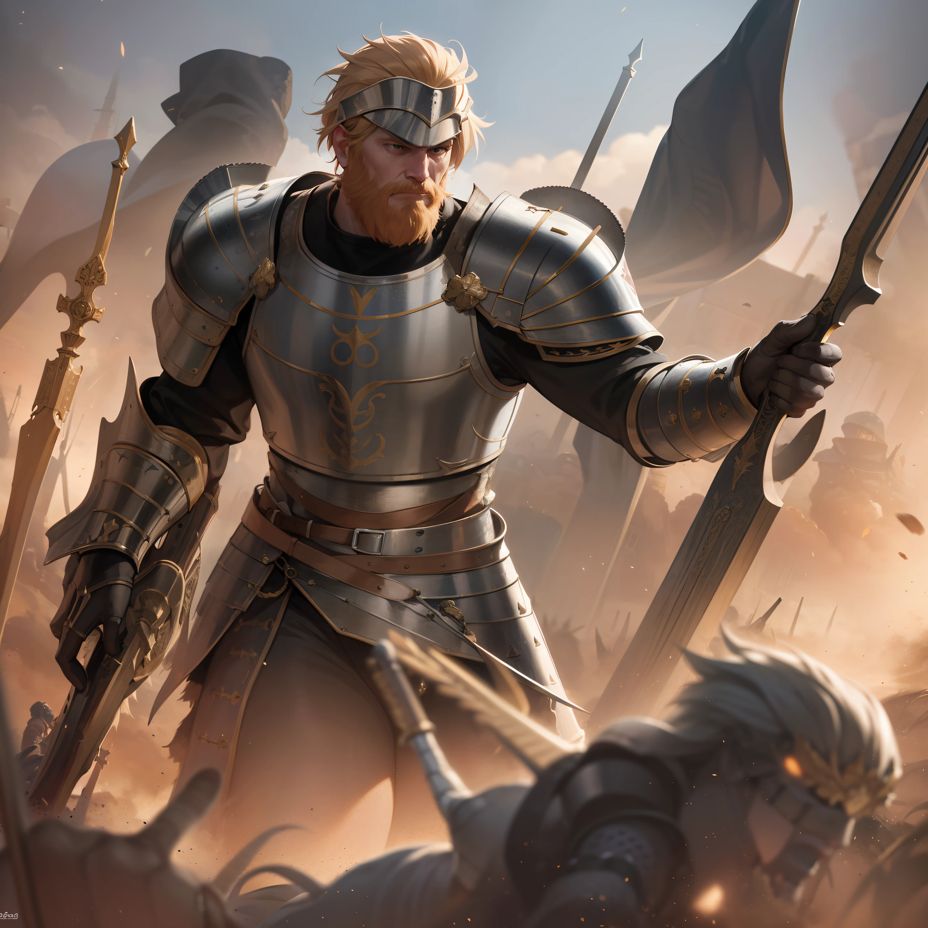 "Wide angle shot of a battlefield, depicting Emperor Frederick Barbarossa bravely engaged in combat with his enemies. The scene exudes an air of mystery and epicness, with a focus on the high level of detail in the emperor's face. The image demands superlative quality, showcasing a sharp and hyper-realistic portrayal of his features."