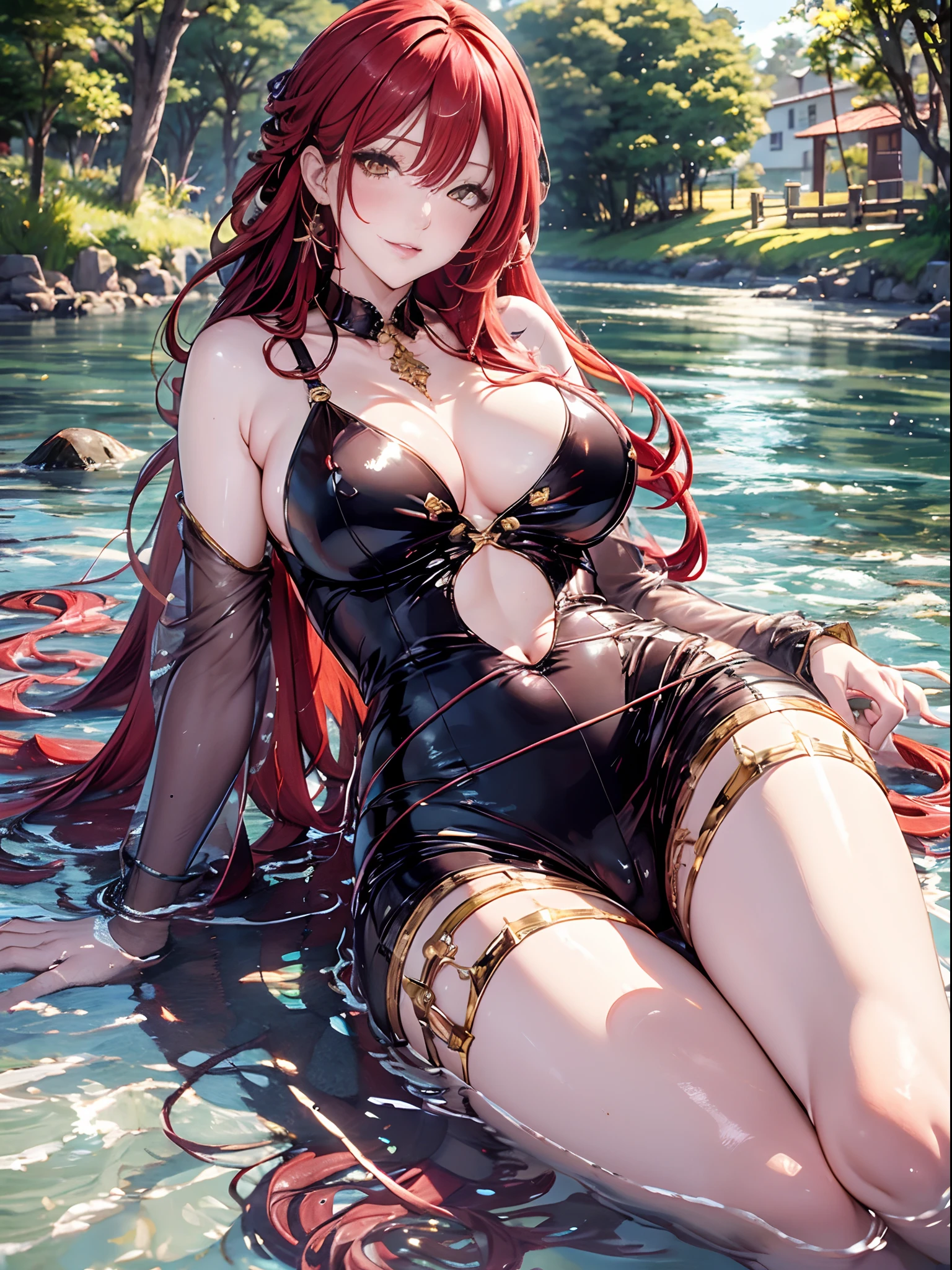 （Enrich the picture，Masterpiece level quality）Beautiful 8K CG artwork，Goddess-like posture，sittinng on the river，Postural exercises，Slim and soft，Translucent skin，Red hair、The beauty of extra-long hair, Super Long Straight Hair，The skin is fair and juicy，Big breasts underwear uniform，Perspective Part 1.2x enhanced silhouette effect，Exquisite transparent blues pattern in pajamas，The details are intricate and exquisite，The background is slightly blurred，Charming and lustful leg seduction，Drool，J cup big breasts，Blush，Japan goddess，Perfect body slim curves，Scene by the sea，