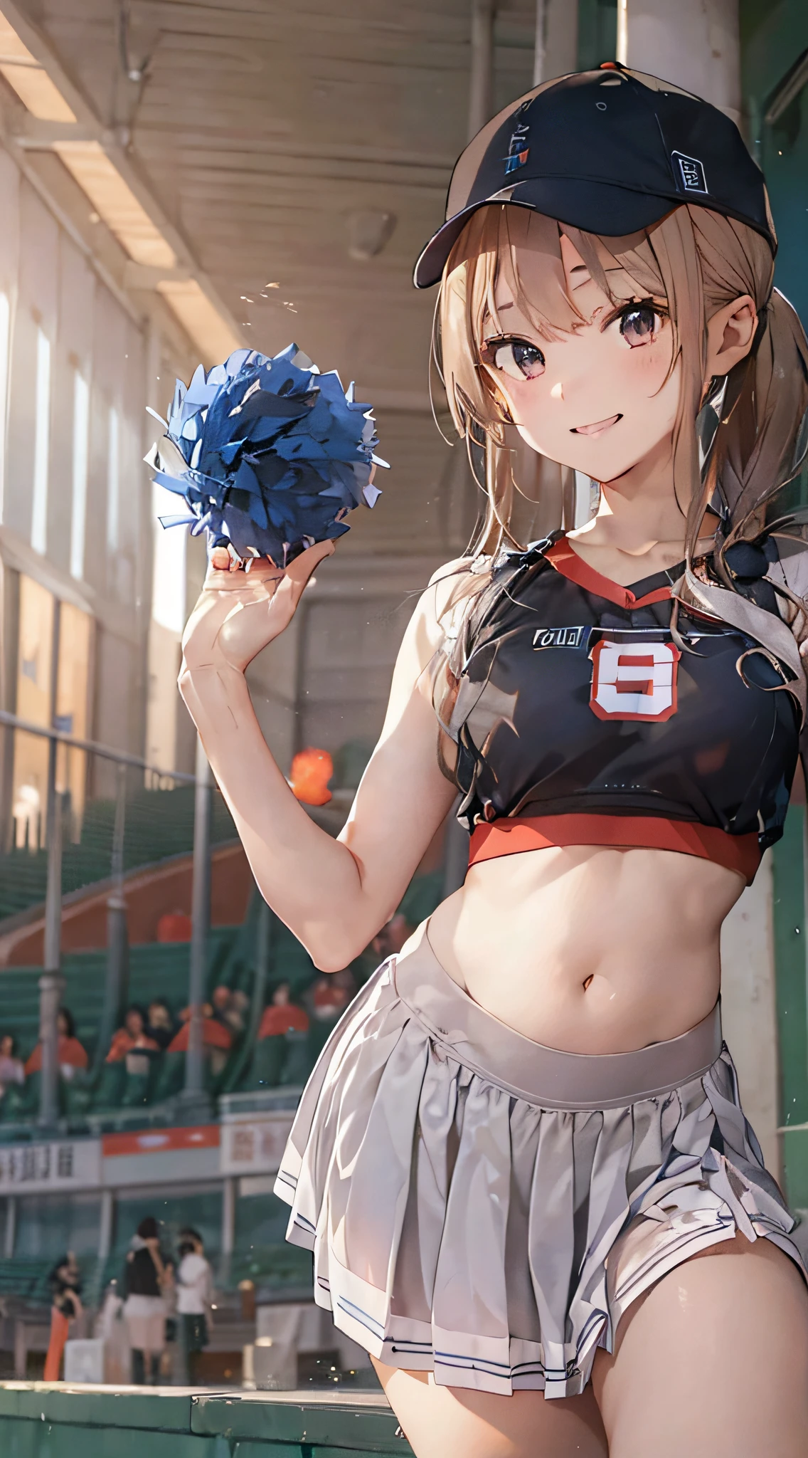 (cheerleaders:1.3)、(stadio:1.5)、(tiny chest:1.4)、Raw photography, top-quality, hight resolution, (masterpiece), (Photorealsitic:1.4), Anime Cosplay, foco nítido, nffsw, 8K分辨率, intricate detailes, depth of fields, the Extremely Detailed CG Unity 8K Wallpapers, front lit, girl with, Smile、(A slender:1.5)、Wear a baseball cap on your head、see -through、Cheerleading pom-poms in hand、T-back panties are visible、Wearing a yellow sleeveless shirt and blue miniskirt、posterior view、Turn your buttocks