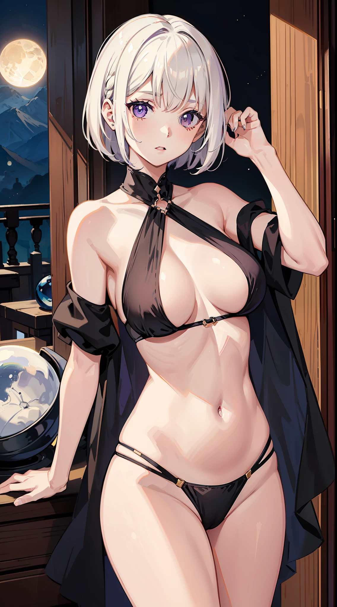 young girl, short blonde hair, Bob hairstyle, violet eyes, Black and white tight magic dress, open belly, open breasts, Wide neckline, The Sun and the Moon, Masterpiece, hiquality