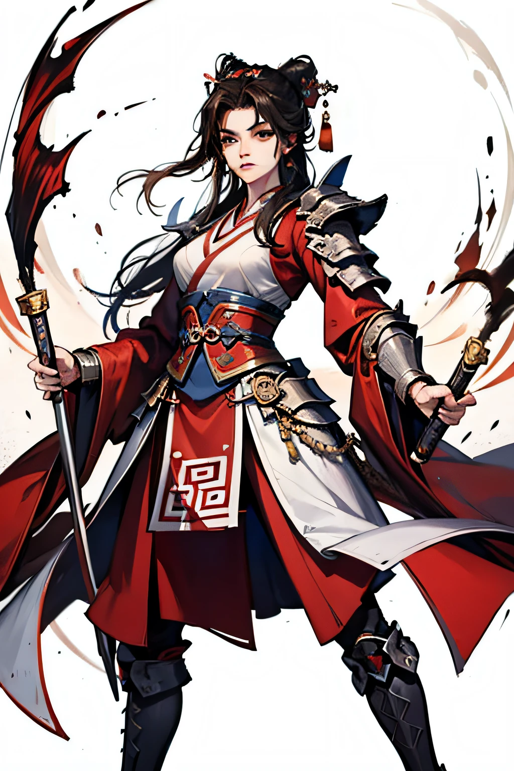 An ancient Chinese female general with a sword in her hand, grim expression, full body, clear facial features, amazing facial features, red robe, armor, boots, white background, game model, stunning lighting, C4D, OC rendering, movie edge light, delicate light, masterpiece, super detail, epic composition, super high-definition, high quality, highest quality, 32k