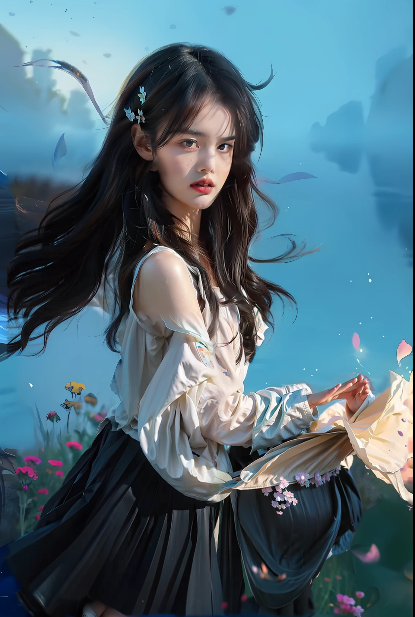 A beautiful dark haired woman walks through an expansive field of dreams, digital painting, digital illustration, extreme detail, digital art, 4k, ultra hd, by Michael Garmash, Ben Bauchau