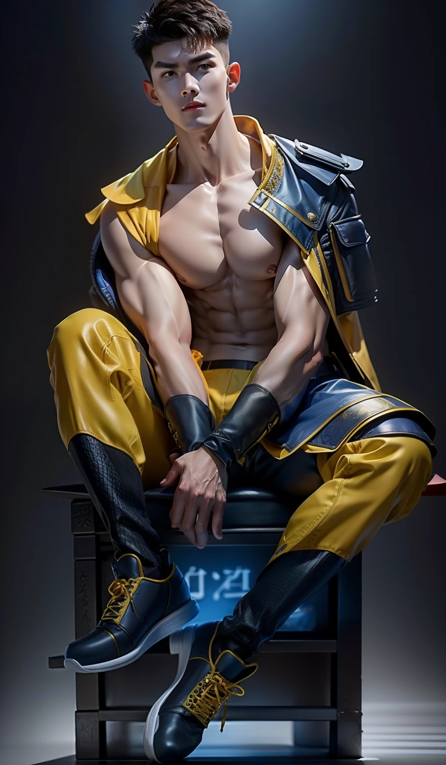 Model design，Sculpture design，Libido boy，Sit on a bear toy，Handsome，The clothes are blue and yellow，white colors，musculous，Expose muscles，（Exposing the pectoral muscles）Wu Yifan