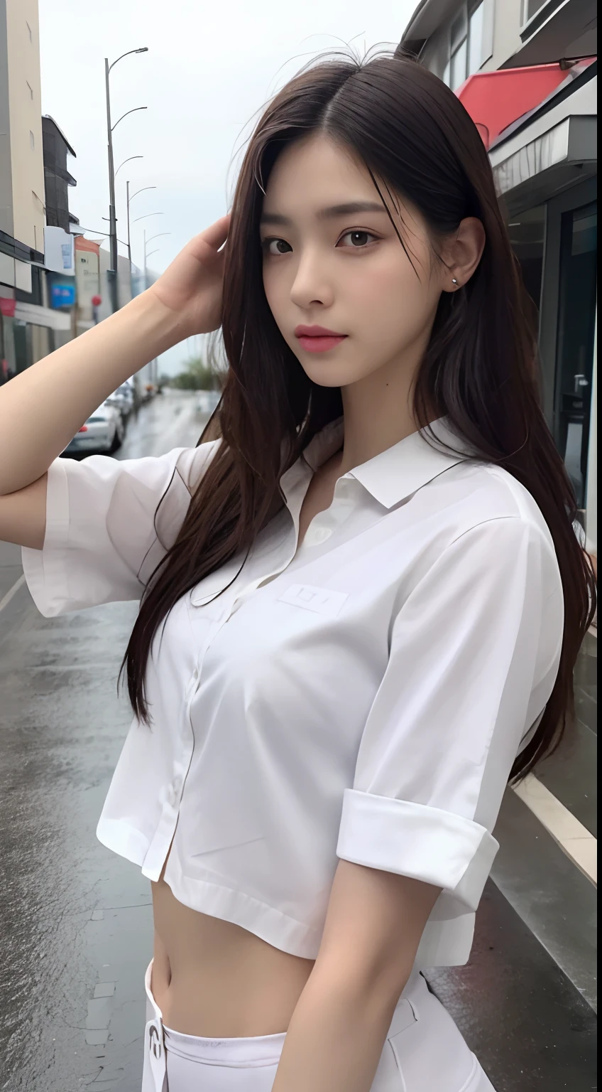 ((Best Quality, 8K, masutepiece: 1.3)), sharp: 1.2, Perfect Body Beauty: 1.4, Slim abs: 1.2, ((Long Hair 1.2)), (Wet white button long shirt: 1.1), crop navel, (Rain, Street: 1.2), Wet: 1.5, Highly detailed facial and skin texture, Fine eyes, Double eyelids, Looking at the camera
