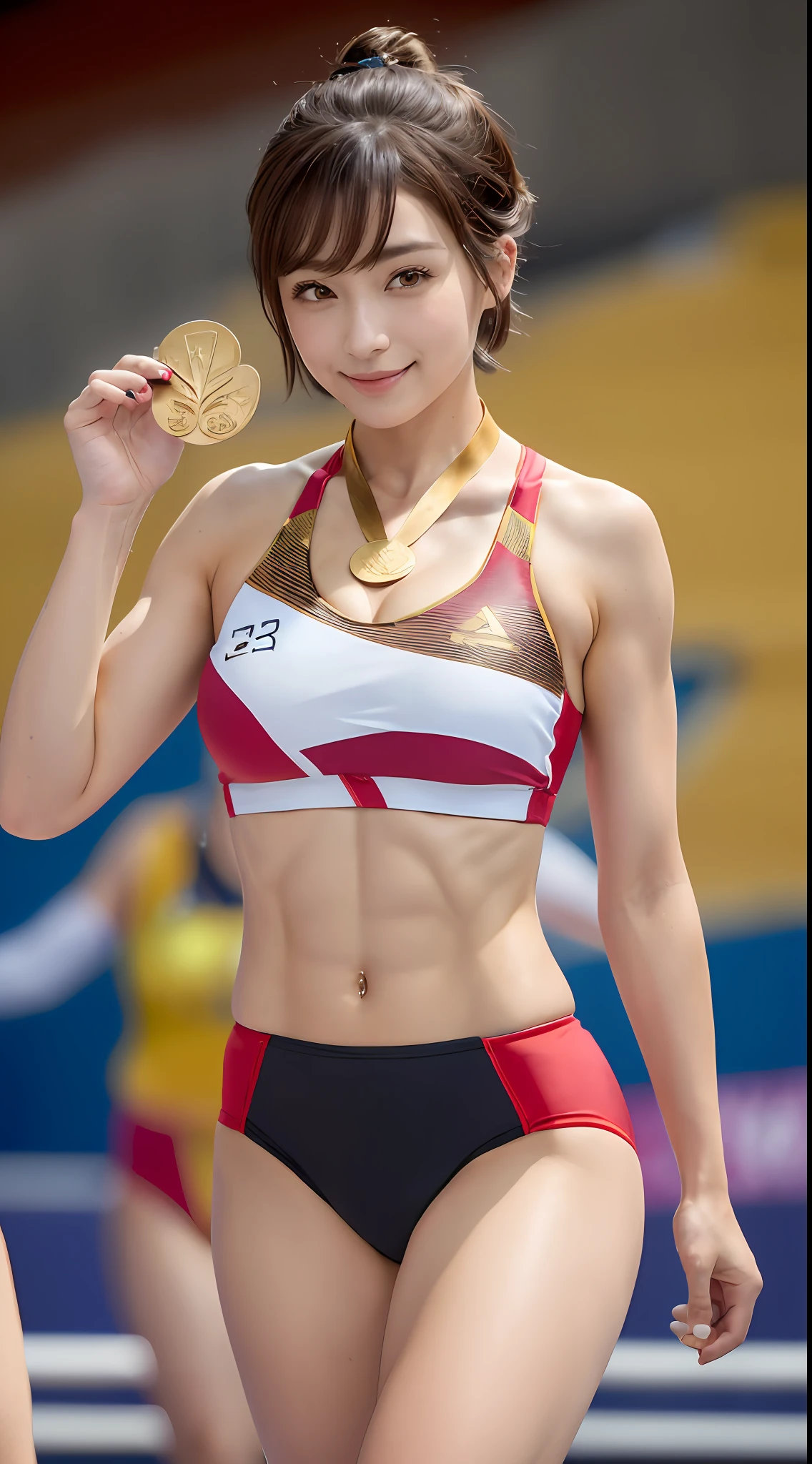 8K、 超A high resolution、Best Quality、Photorealsitic、hightquality、high-detail、masuter piece、huge-breasted、cleavage of the breast、Lower breast、(Red and black、Racing Bloomers、Sportsbra)、track and field club、(Standing on the podium、Wear a gold medal around your neck、Wave to the audience above:1.45)、(Brown-haired short-haired chignon:1.2)Extraordinary beauty、(Toned body、Split abs、Show armpits:1.3)Big eyes、Obviously double eyelids、(On a short track in the athletics arena:1.3)、serious facial expression、RunningShoes、Attach a bib to the chest