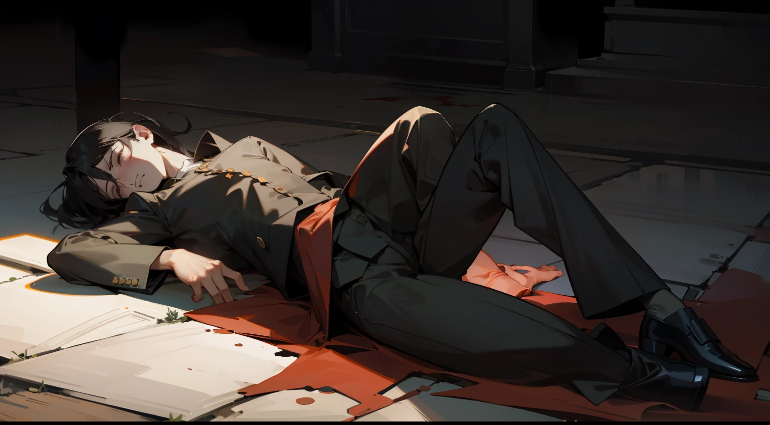 A tragic scene unfolds in this manga-inspired illustration. The lifeless body of a man lies sprawled on the pavement, surrounded by vividly depicted blood effects. The artist's dynamic linework captures the emotional intensity of the moment. The color palette is dominated by deep, contrasting tones, evoking a sense of gloom and despair. The man's facial expression is a mix of agony and stillness, while dramatic lighting casts long shadows across the scene, enhancing the somber atmosphere. --v 5 --stylize 1000