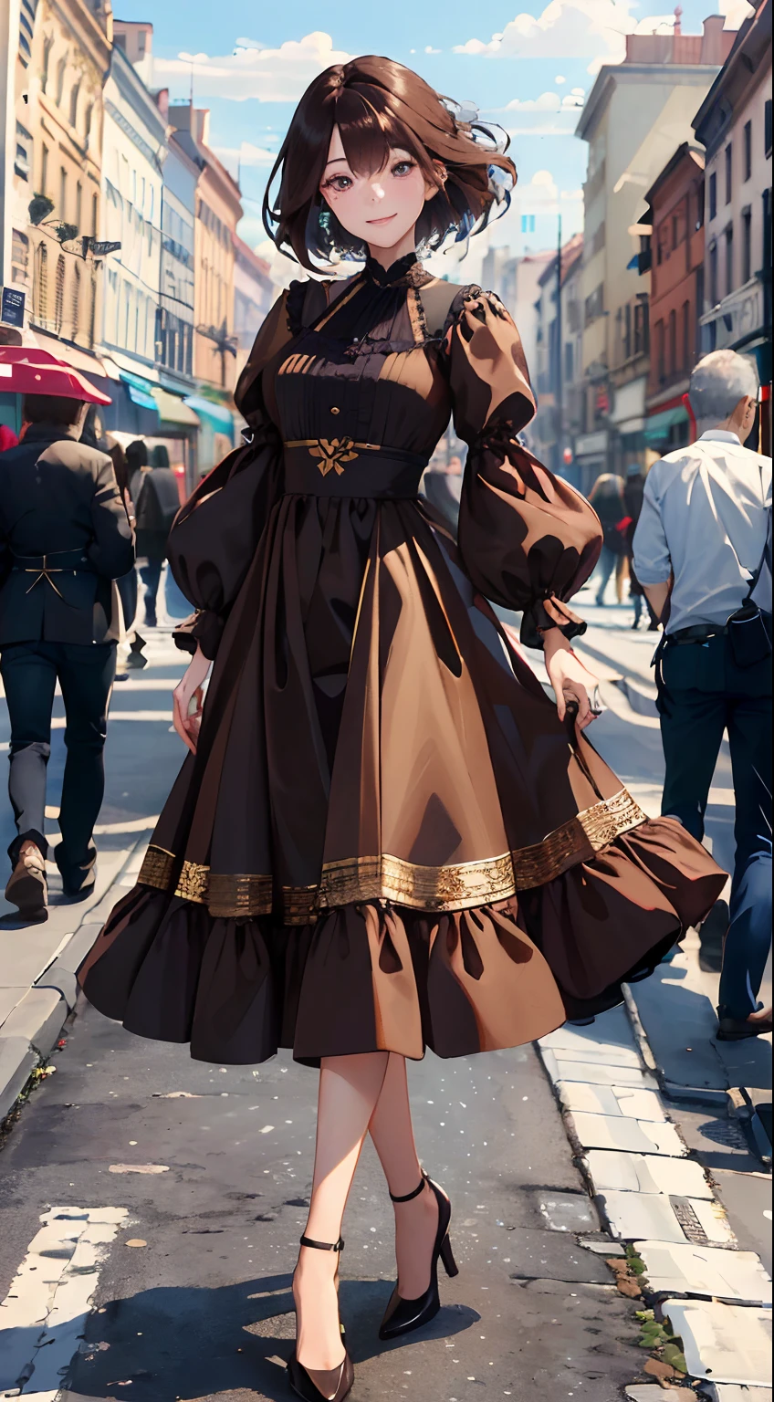 ((Best quality, 8k, Masterpiece :1.3)), 1girl, smiling, full body, slim face, Pretty woman, (Dark brown hair), full length dress :1.1, Ultra-detailed face, Detailed eyes, Double eyelid, blur background, slim face, city, outside, street,
