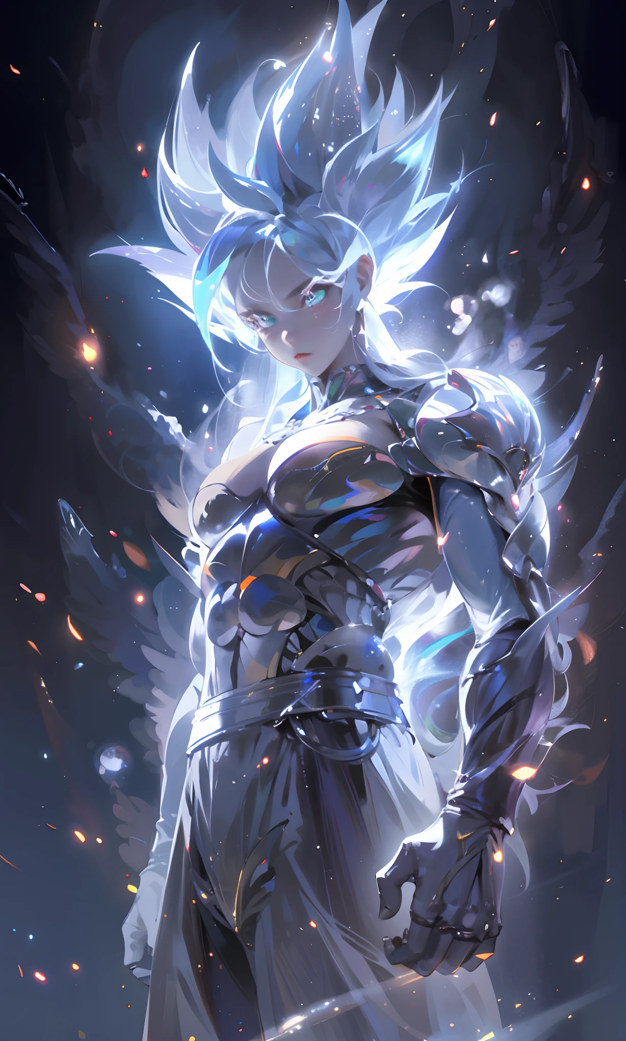 (Masterpiece: 1.4), (Best Quality: 1.4), (Very Cute Angel Girl, Super Detailed Face, Jewel-like Eyes, White Very Long Hair, Colorful Gradient Hair: 1.4), (Angel Ring:
1.4), (Angel Wings: 1.4), (Full body, perfect 2 arms, perfect 2 legs: 1.4), Perfect 4 fingers: 1 thumb, light, shine, bokeh, super fine
