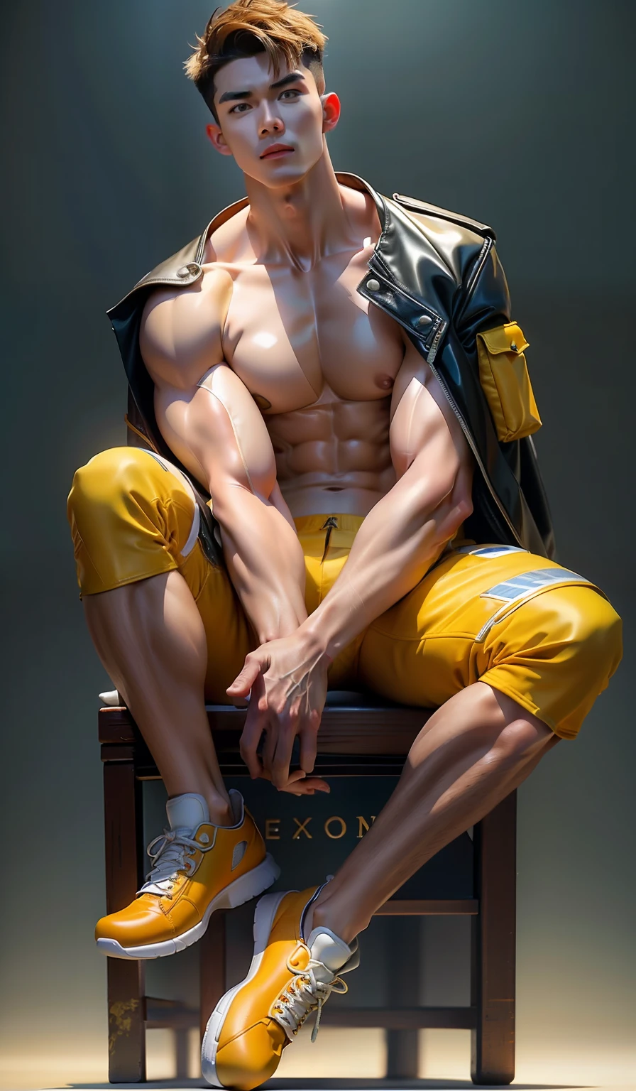Model design,Sculpture design,Libido boy,Sit on a bear toy,Handsome,The clothes are yellow,white colors,musculous,Expose muscles,(Exposing the pectoral muscles)Wu Yifan