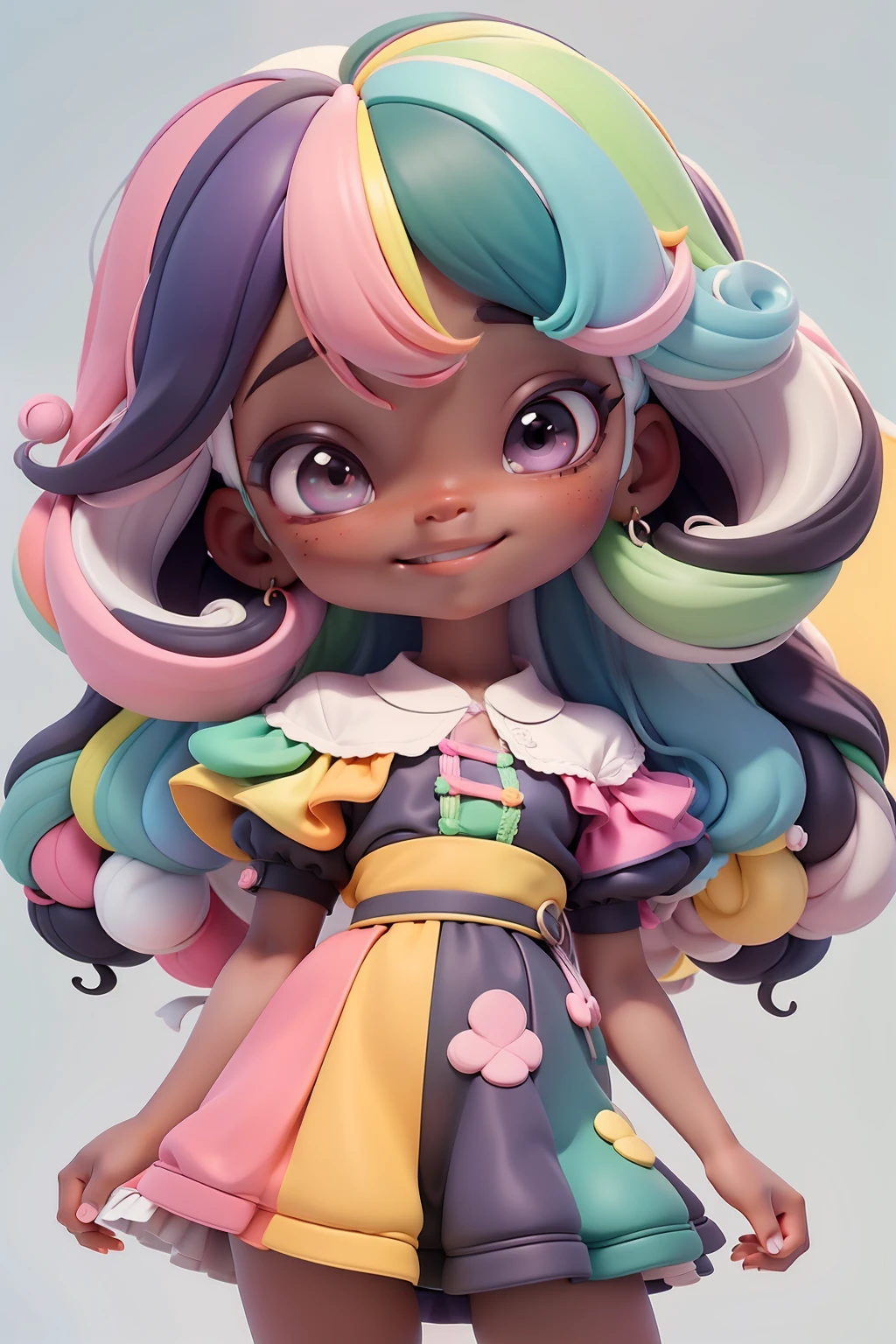 loli negra multicolor, fofa, roupas delicadas e grandes, tons pastel multicolor, sorriso meigo e delicado, corpo inteiro, olhos delicados e cabelos multicolor, fundo simples e branco