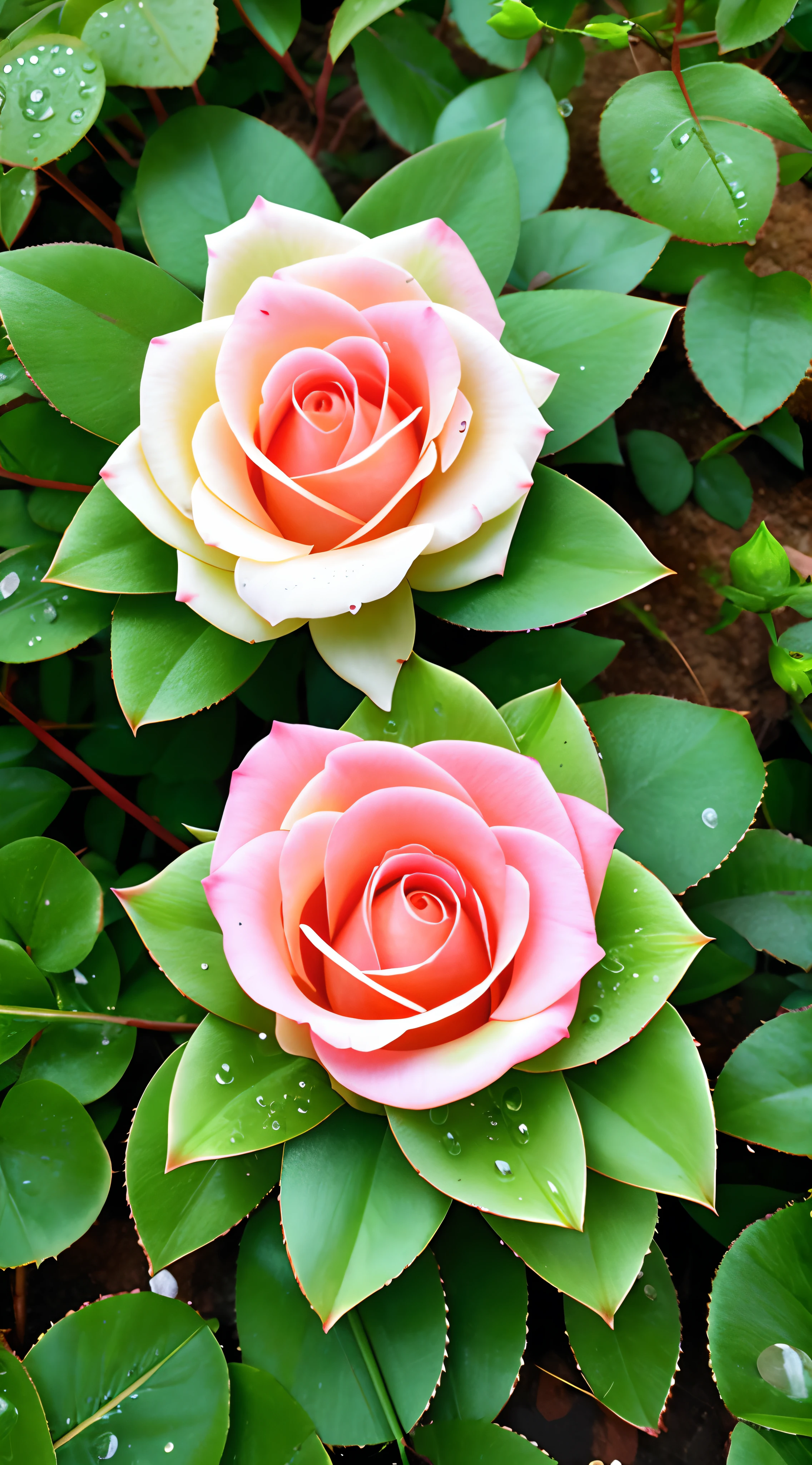 Beautiful full rose flower plant,dew drops on the leaves of plant and the grass below it, low angle view,fantasy, ultra hd