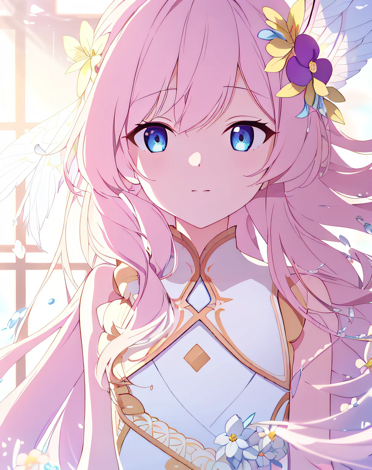 (masterpiece), best quality, illustration, (close-up:1.35), blue eyes, 1girl, floating, floating hair, (li:1.2),arms behind back, (gold flower:1.4), expressionless, flat chest, white dress, underwater, flower pattern in dress, {{wavy hair}}, {{{dishevled hair}}}, {{{very long hair}}},(water:1.4), mika_misono, (masterpiece), (((extremely detailed CG unity 8k wallpaper))), day,, best quality, illustration, beautiful detailed girl, lying at the window, depth of field, detailed face and beautiful face,wide-eyed, frills, elegant, muted colors, sweet, sketch by jean - baptiste monge, embroidered, filigreed, long hair, pink hair, yellow eyes,, sparkle, light rays, lens flare, light particles, hyper detailed, exquisite detail, cinematic lighting, sharp focus, bokeh highlight, cinematic postprocessing,, falling petals, butterfly, mystic atmosphere, pool, after rain, feathers,
