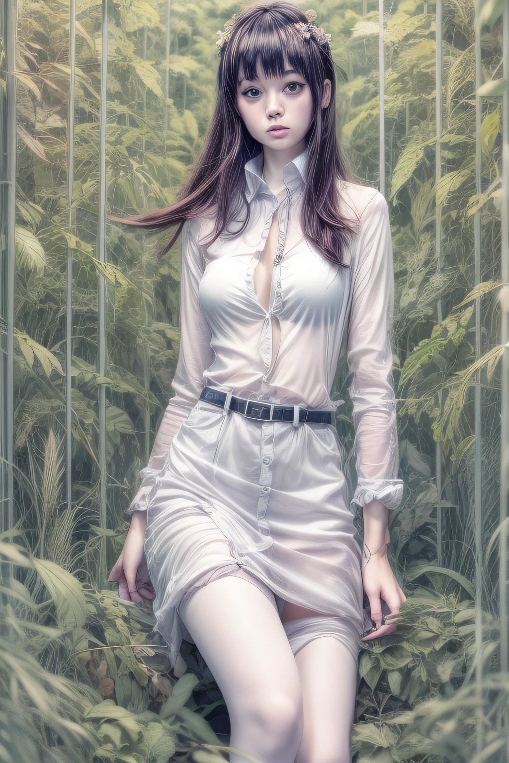 1girl, 22 years old, wearing white open silk fully unbuttoned see through shirt, jueri-anarupuragu, upskirt, thighhighs,, junji ito artwork, in style of junji ito, art style of junji ito, junji ito style, horror manga, yoshitaka amano and junji ito, junji ito and greg rutkowski, junji ito undertones, inspired by Junji Ito